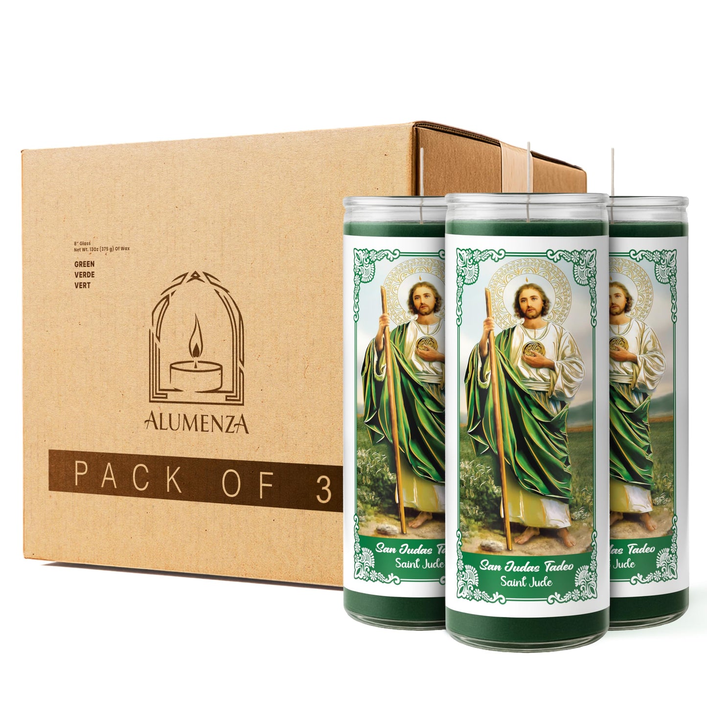 Alumenza 3 Pack San Judas Tadeo Candle Saint Jude in Glass Jar 90 Hours – Paraffin Wax, Clean Burning Unscented | Large & Tall Devotional Prayer Pillar Candles for Memorial, Rituals