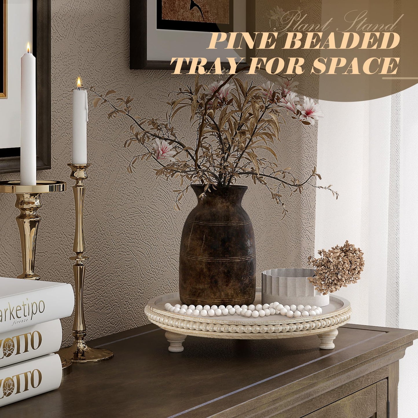 EOSAHR Rustic Round Pine Wooden Display Riser – Farmhouse Beaded Wooden Trays For Decor, Plant Stand & Coffee Table – Display Risers for Room Decor & Kitchen Organizer (Light-Natural)