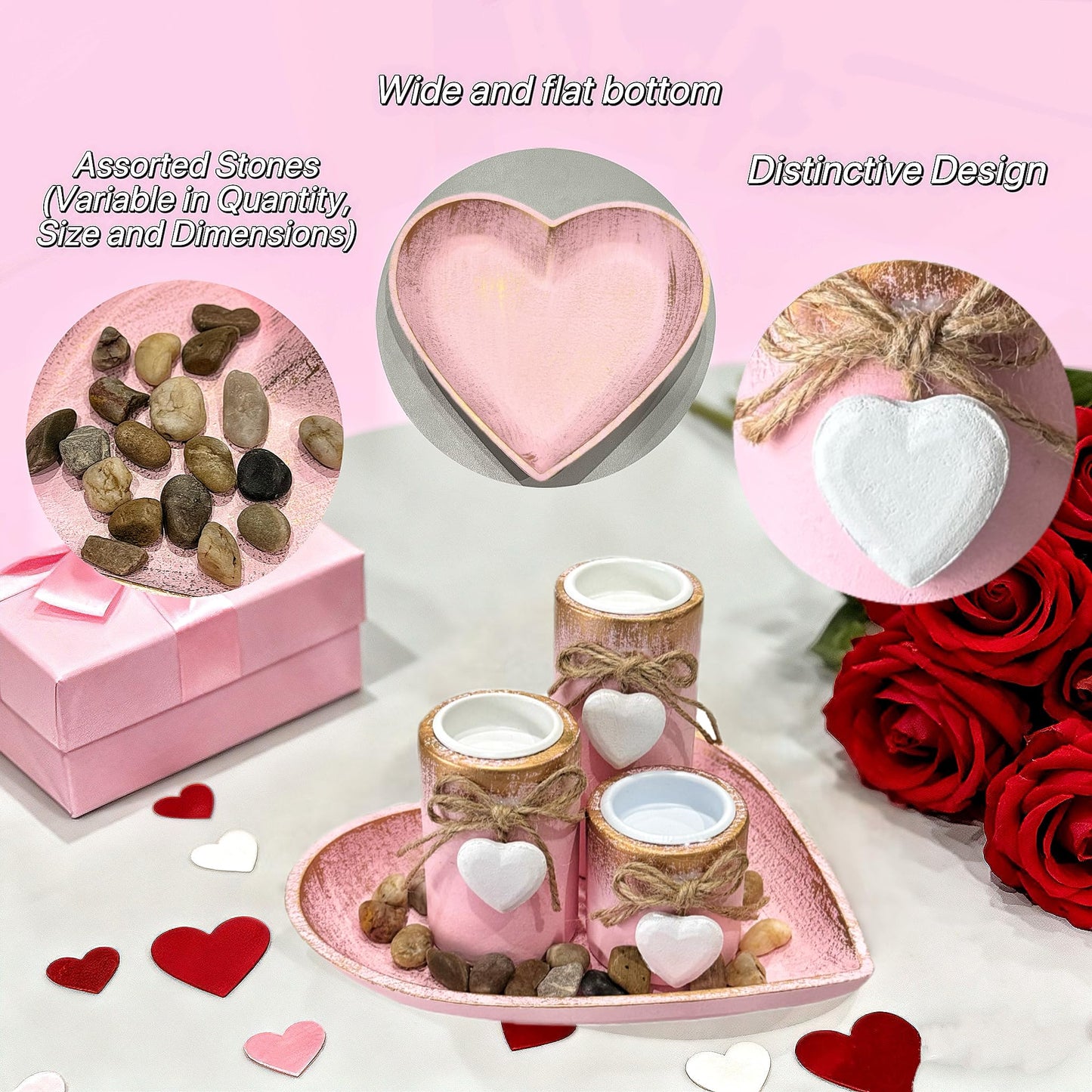 Rustic Farmhouse Candle Holders Set of 3, Pink Heart Shaped Wooden Tray with Tealight & Pillar Candles, Rustic Wood Centerpiece for Coffee Table, Valentine's Day, Wedding, Anniversary Home Decor