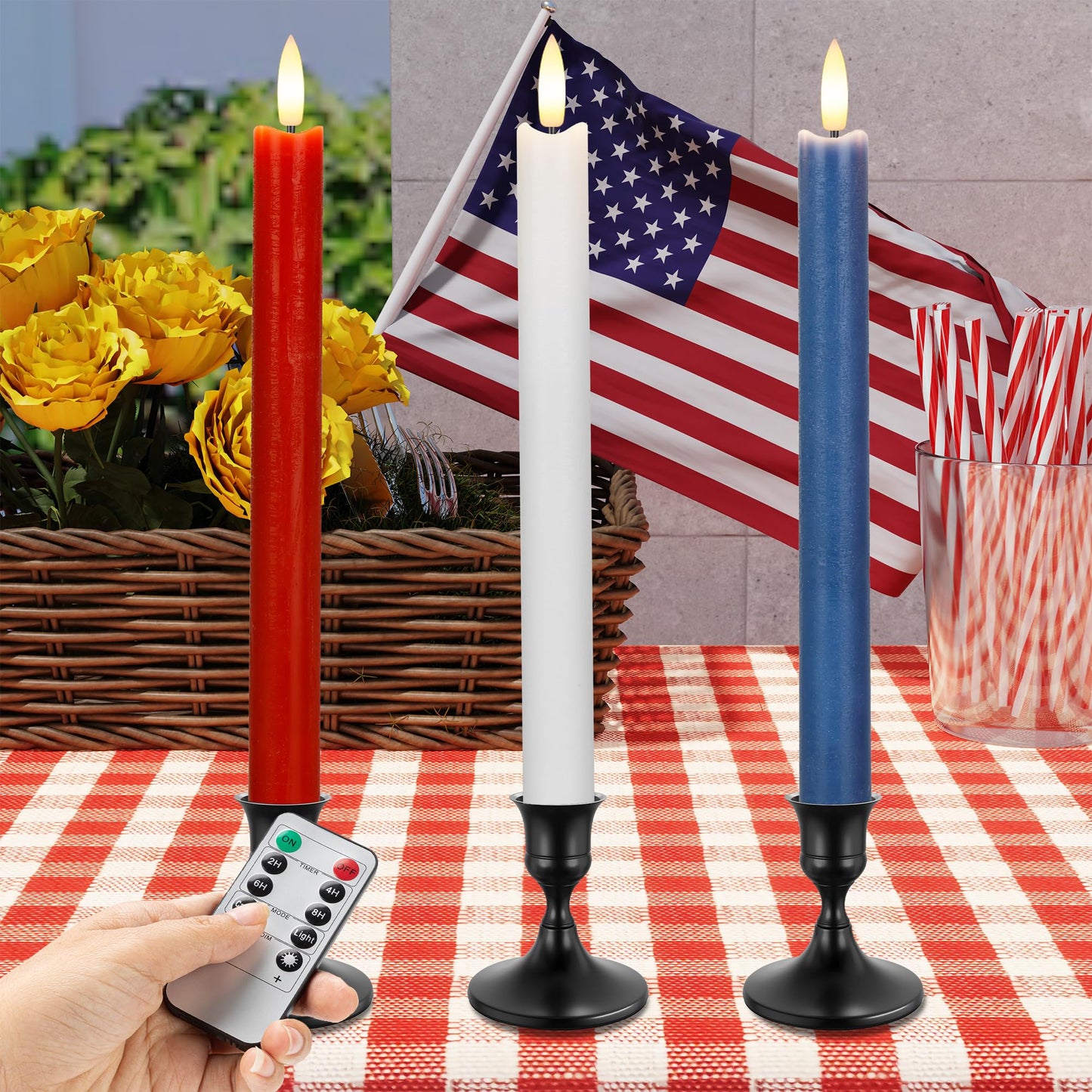AFINETH Red White and Blue Flameless Taper Candles with Remote, 9.6" Real Wax Patriotic Flameless Candles, Battery Operated 4th of July Candlesticks, Flickering Independence Day Candle Decor, 3 Pack