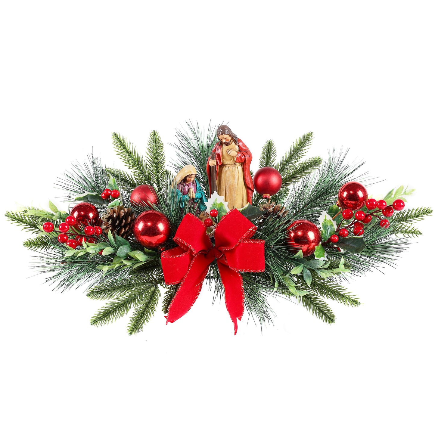 Christmas Table Centerpiece with LED Lights, Christmas Decoration with Red Jesus Pine Needle Ornament, Red Berry, Balls for Holiday Party, Home