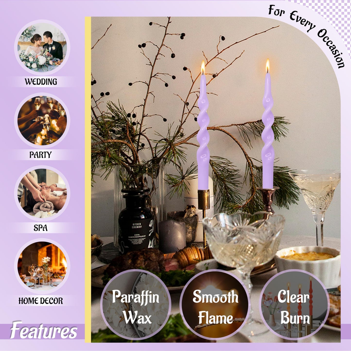 FLAMMUL Spiral Taper Candles Candlesticks - Twisted Candle Sticks 10 Inch Smokeless Taper Candles 2PCS Colored Candlesticks for Home Church Wedding(Purple)