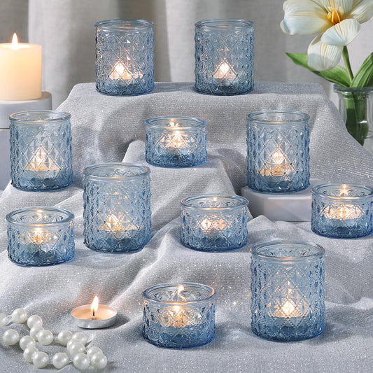 MATAHUM 20 Pcs Blue Tealight Candle Holders,Glass Votive Candle Holders Bulk, 2 Sizes for Wedding Centerpieces, Beach Theme Bridal Shower, Baby Boy Shower, and Birthday Party Decor