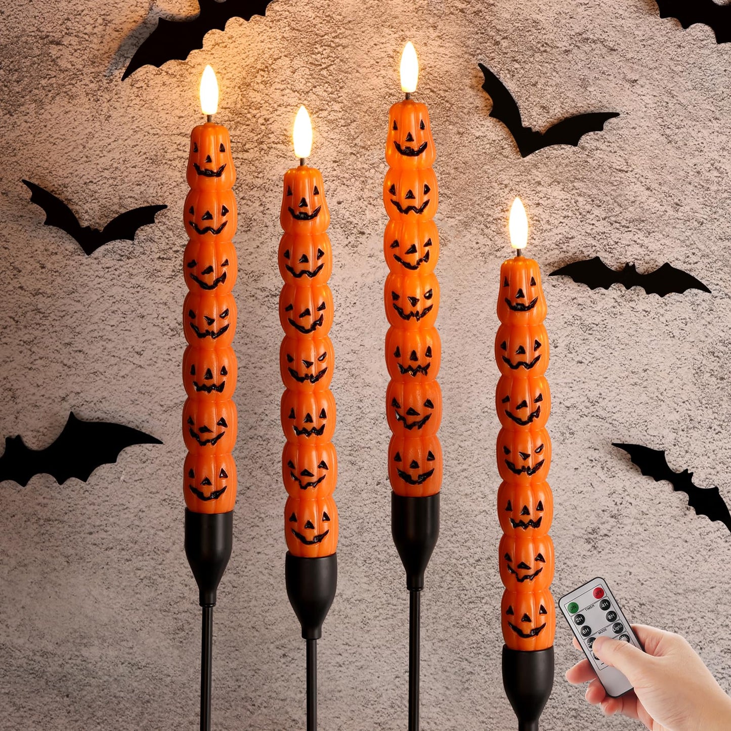 Girimax Orange Pumpkin Halloween Flameless Taper Candles with Remote, Flickering Spooky LED Wax Candlesticks Battery Operated, Set of 4