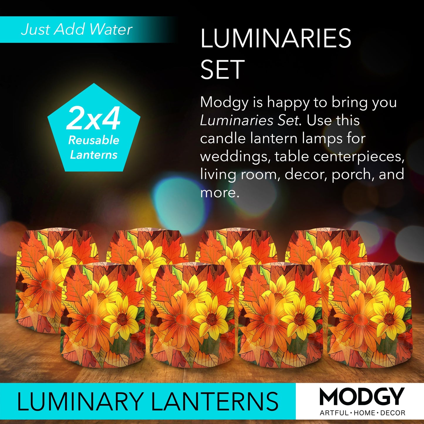 MODGY Luminary Lanterns Candle Holder Decorative Indoor Outdoor Decor, Lanterns for Wedding Centerpiece Decoration Outside Patio, with Flameless Floating LED Candles, ThankFall Pack of 2