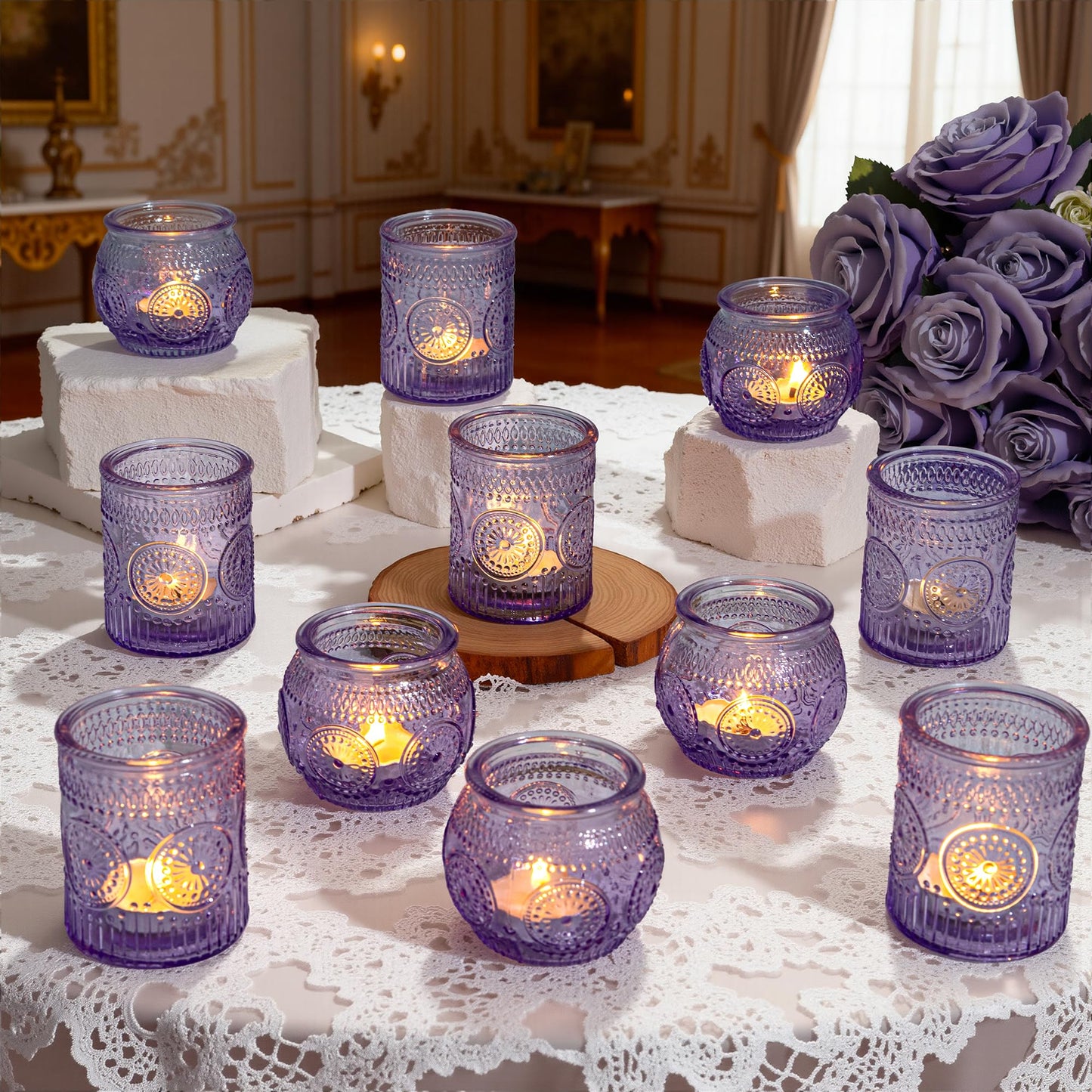 WELLIFE 24-Piece Purple Glass Votive Candle Holders Set – Tealight Candle Holder Glass Bulk with 12 Round & 12 Sunflower Textured Cups, Purple Votive Candle Holders for Weddings, Parties, Home