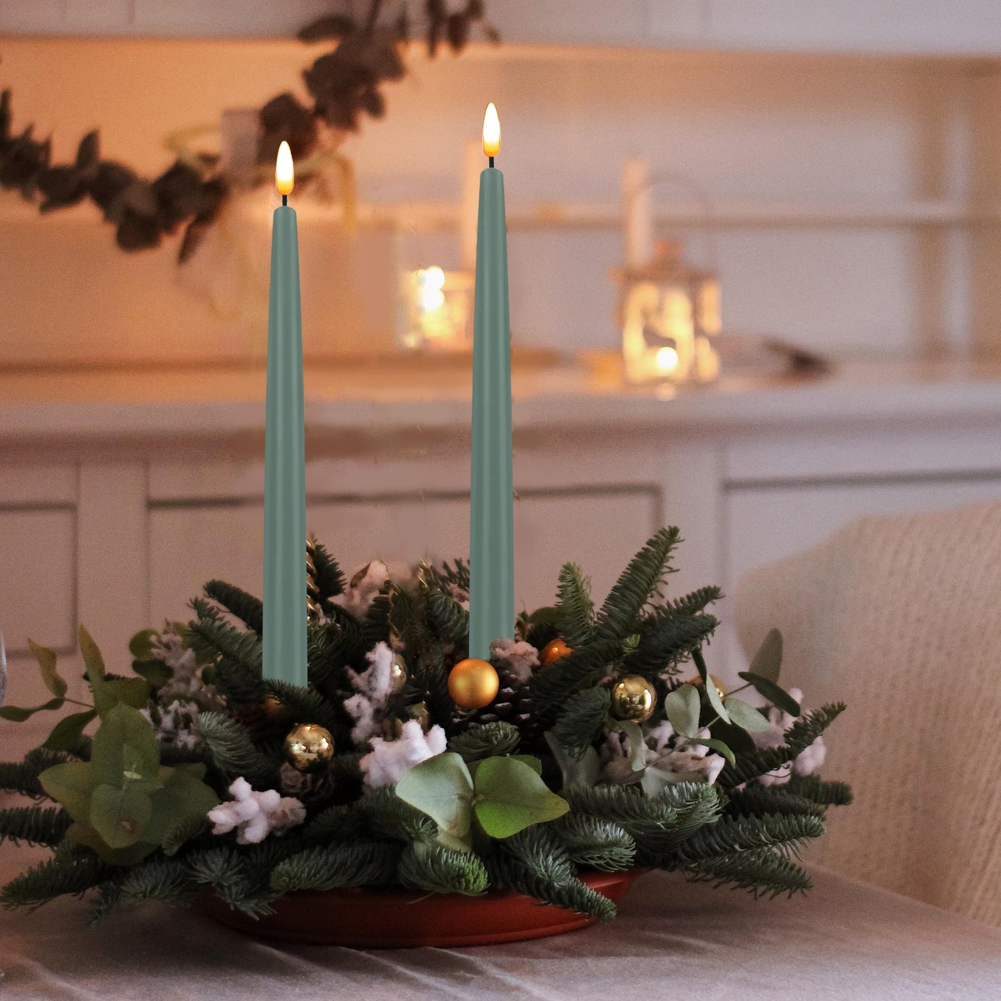 CVHOMEDECO. Flameless Taper Candles with 10-Key Remote, Battery Operated Led Flickering 3D Wick Window Candles Real Wax Finished Home Christmas Party Decor 0.78 x 11 Inch, Pack of 2, Grey Green