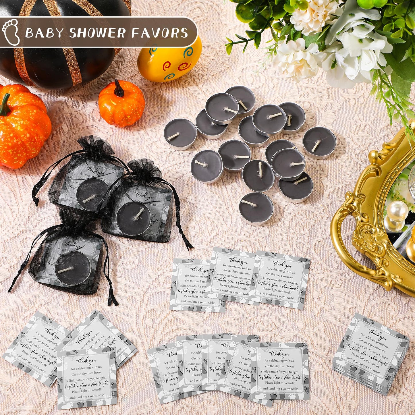 50 Sets Baby Shower Party Favors Including 50 Pcs Unscented Tealight Baby Shower Candles Gift Bags Cards for Gender Reveal Party Supplies(Black)