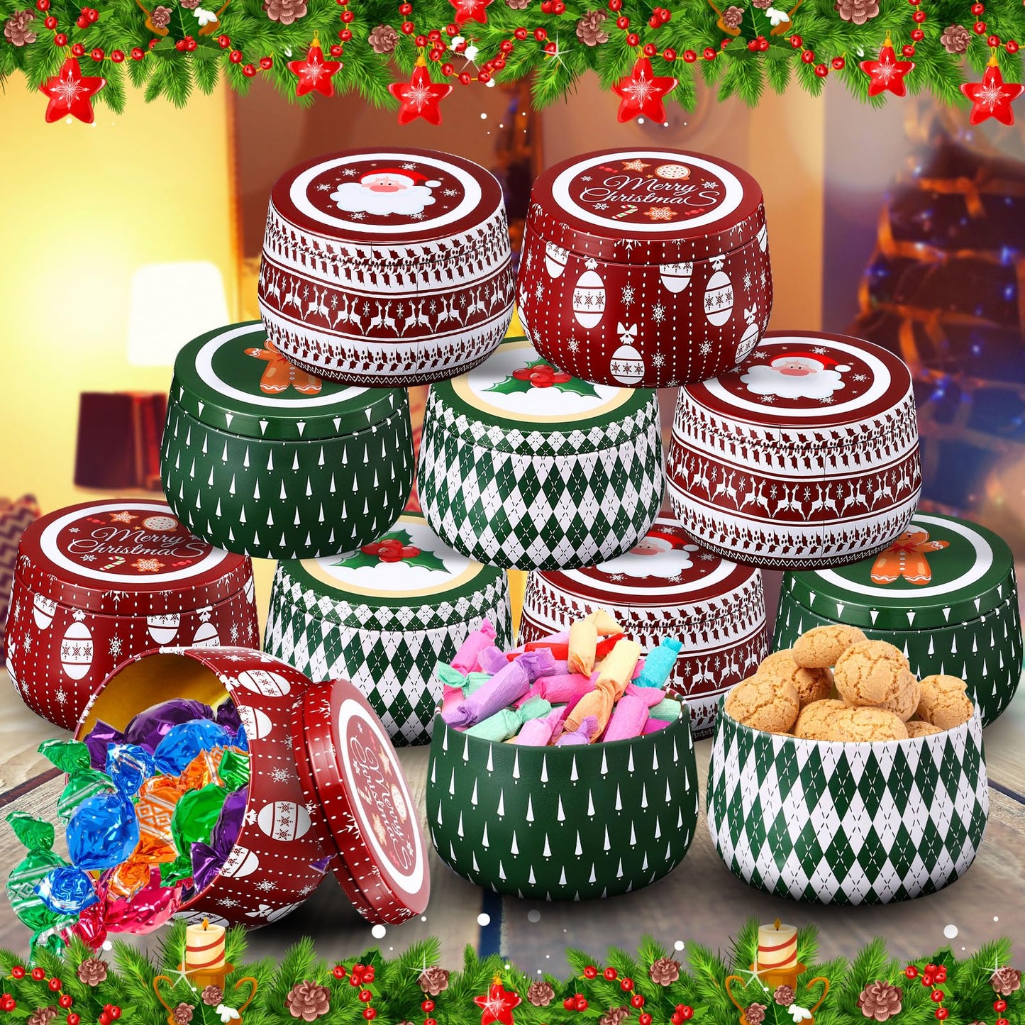 Yungyan Christmas Candle Tin Cans Set Metal Candles Tin Gifts Jars with Lids 8 oz Christmas Cookie Tins Candle Containers for Storing Biscuits Tea Party Favors(12 Pcs)