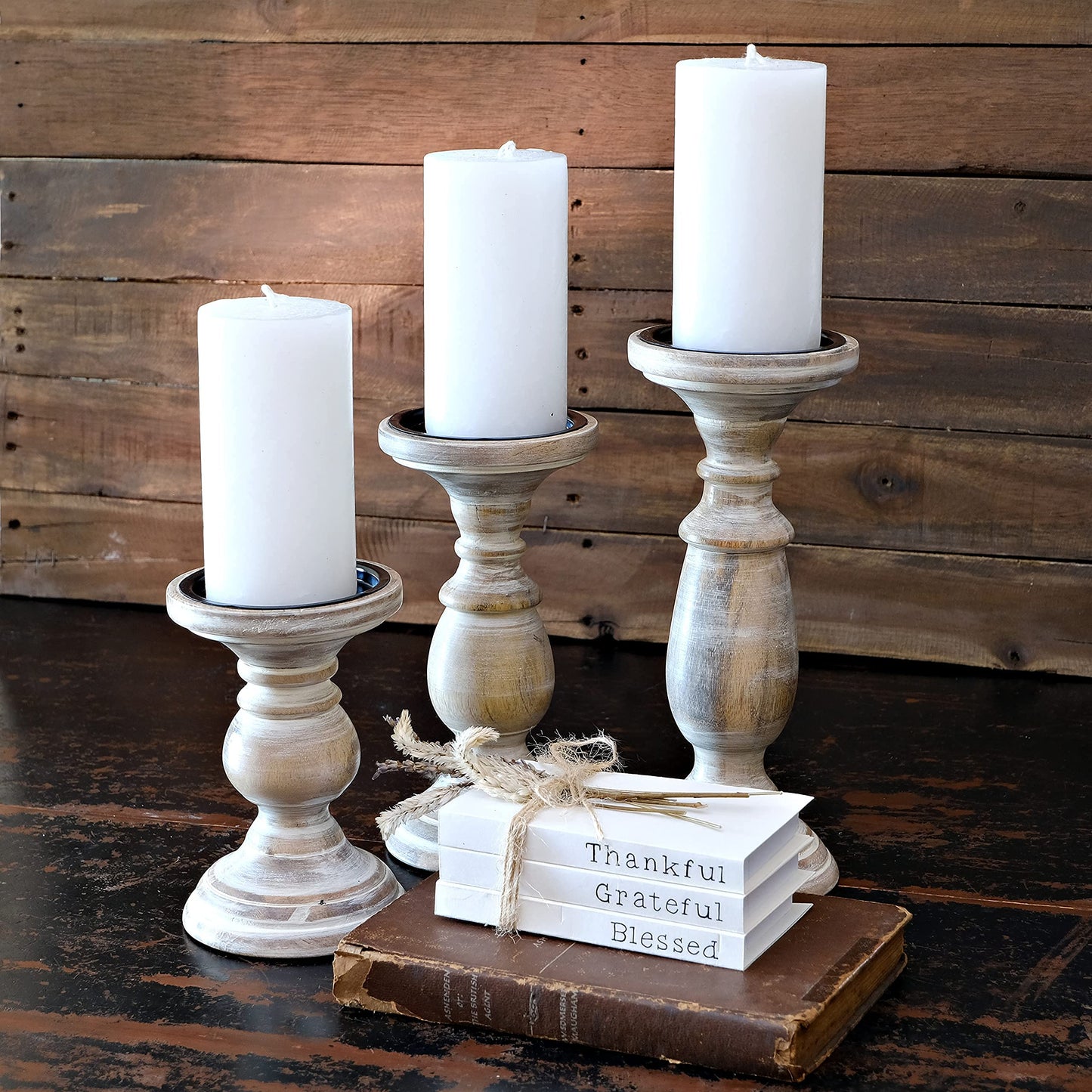 Candle Holders for Pillar Candles, Wooden Candleholders Table Centerpiece, Pillar Candle Holders Set of 3, Wood Rustic Farmhouse Fireplace White