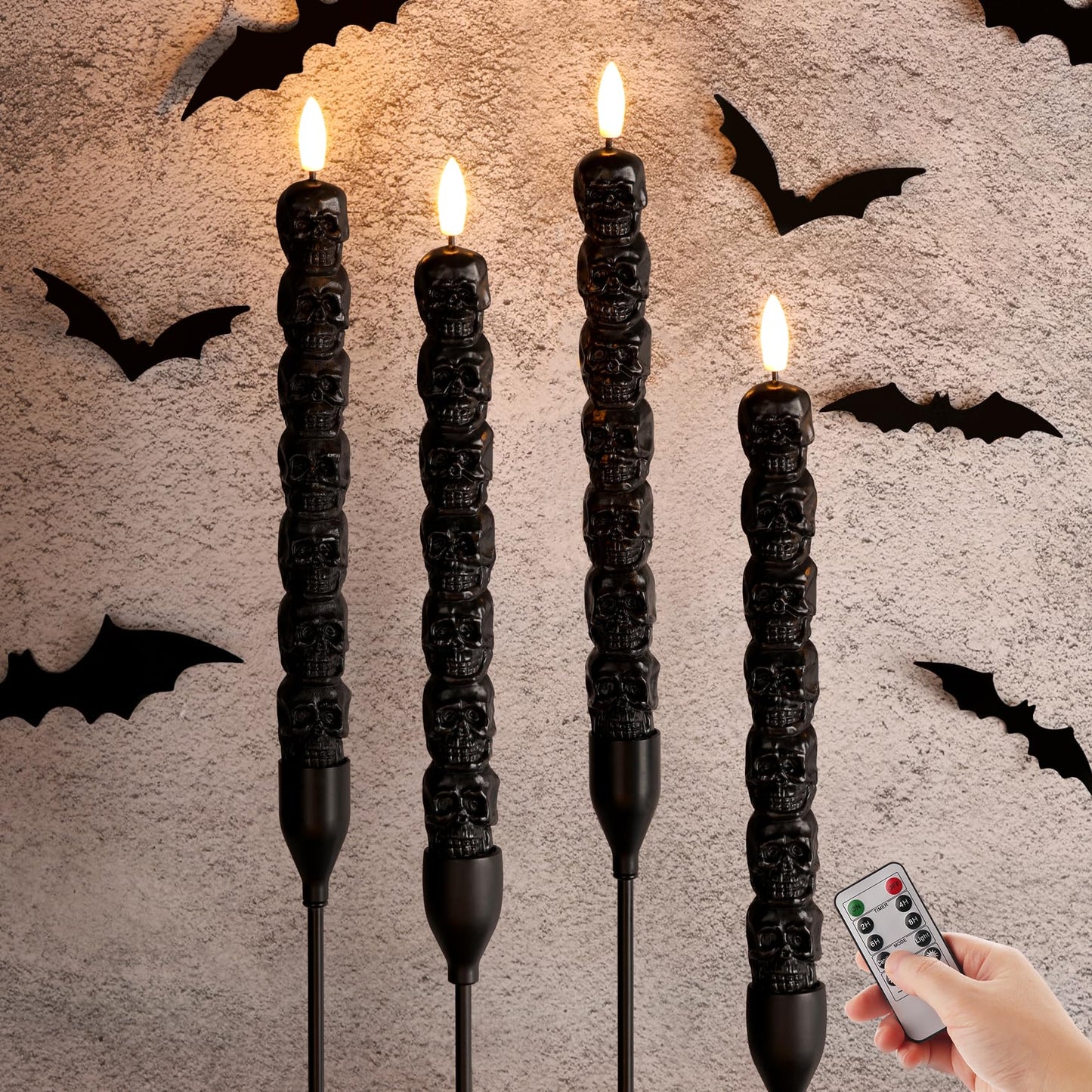 Girimax Black Skull Halloween Flameless Taper Candles with Remote, Flickering Spooky LED Wax Candlesticks Battery Operated, Set of 4