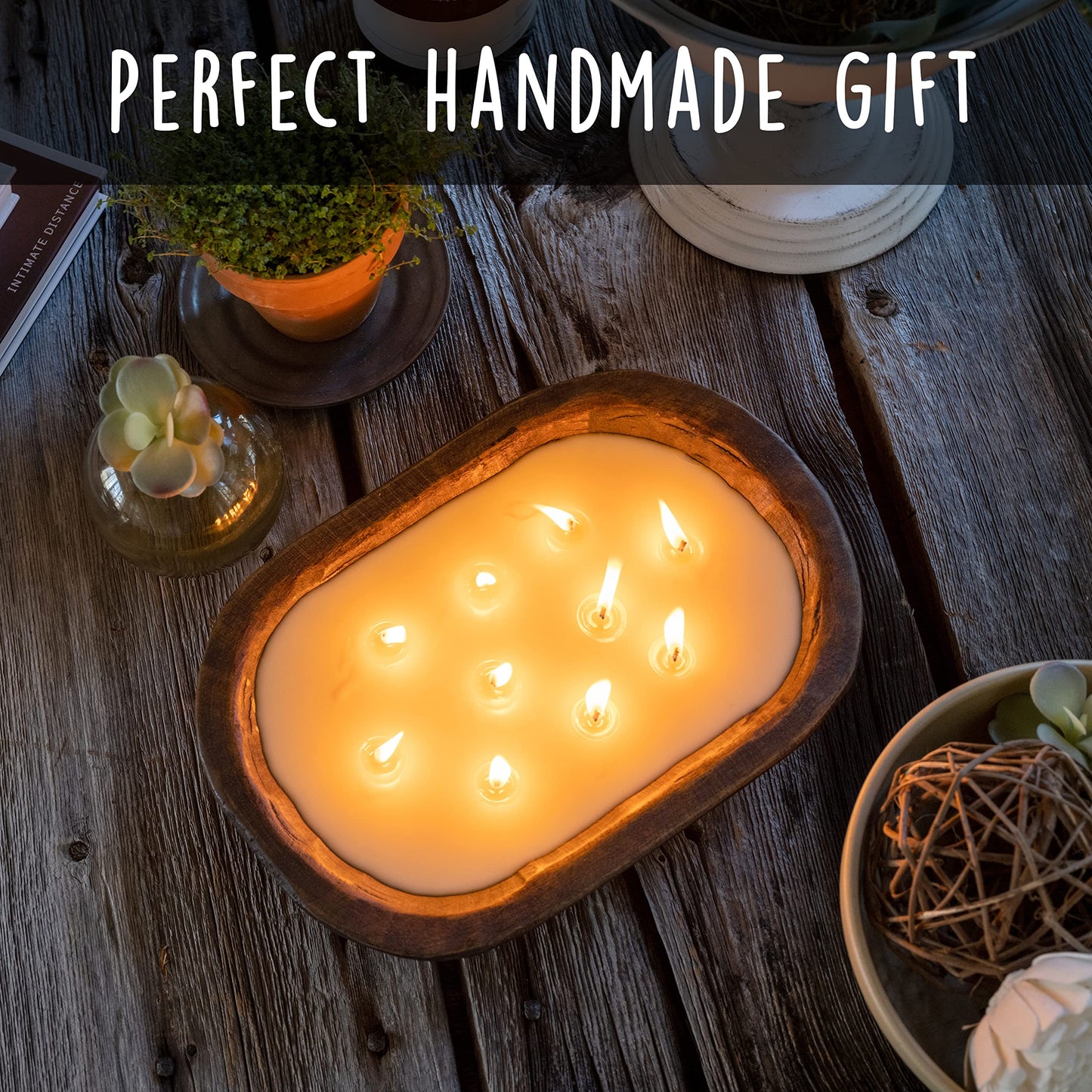 Wooden Dough Bowl Candles 10x14 Inch, Wooden Dough Bowl Soy Candle, Farmhouse Doughbowl Candle Tabletop Decor