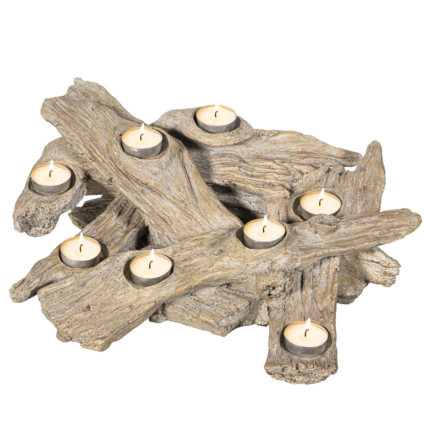 Plow & Hearth Faux Driftwood Fireplace Candle Holder, Resin Log Insert for Fireplace Decor, Holds 8 Fireplace Candles for Inside Fireplace, Coastal Beach Cozy Living Room Fireplace Decorations