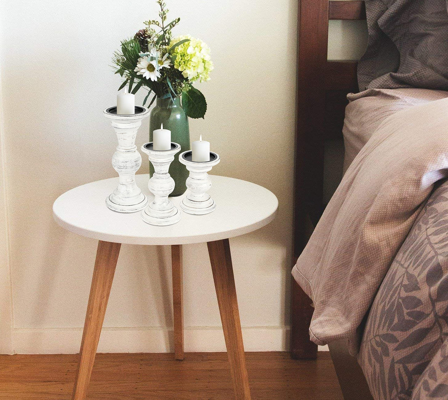 Candle Stands Wooden for Pillar Candles,Rounded Turned Colums, Sustainable Woods, Country Style, Ideal for Reiki, Aromatherapy, Votive Candle Gardens Home décor - 10,8,6 Inch Set of 3 - Antique White