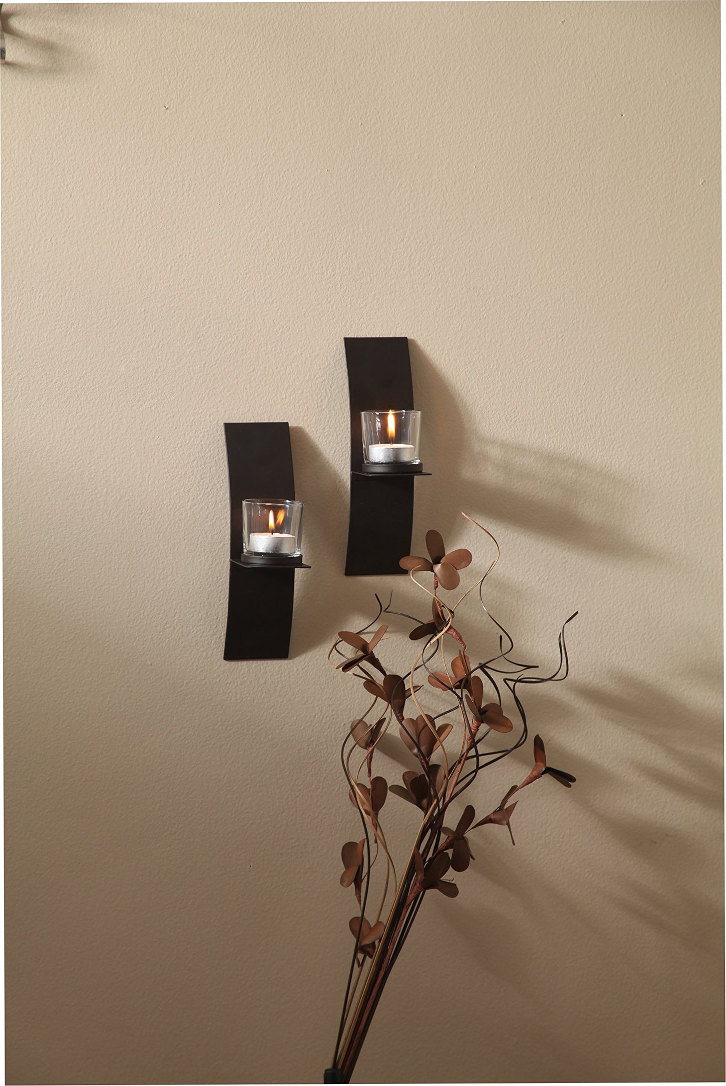 Hosley Set of 2 Modern Art Large Brown Wall Sconces with Clear Glass Tea Light Candle Holders 9 Inches Classic Design Hand Made by Artisans Great Wedding Gift LED Holder O4