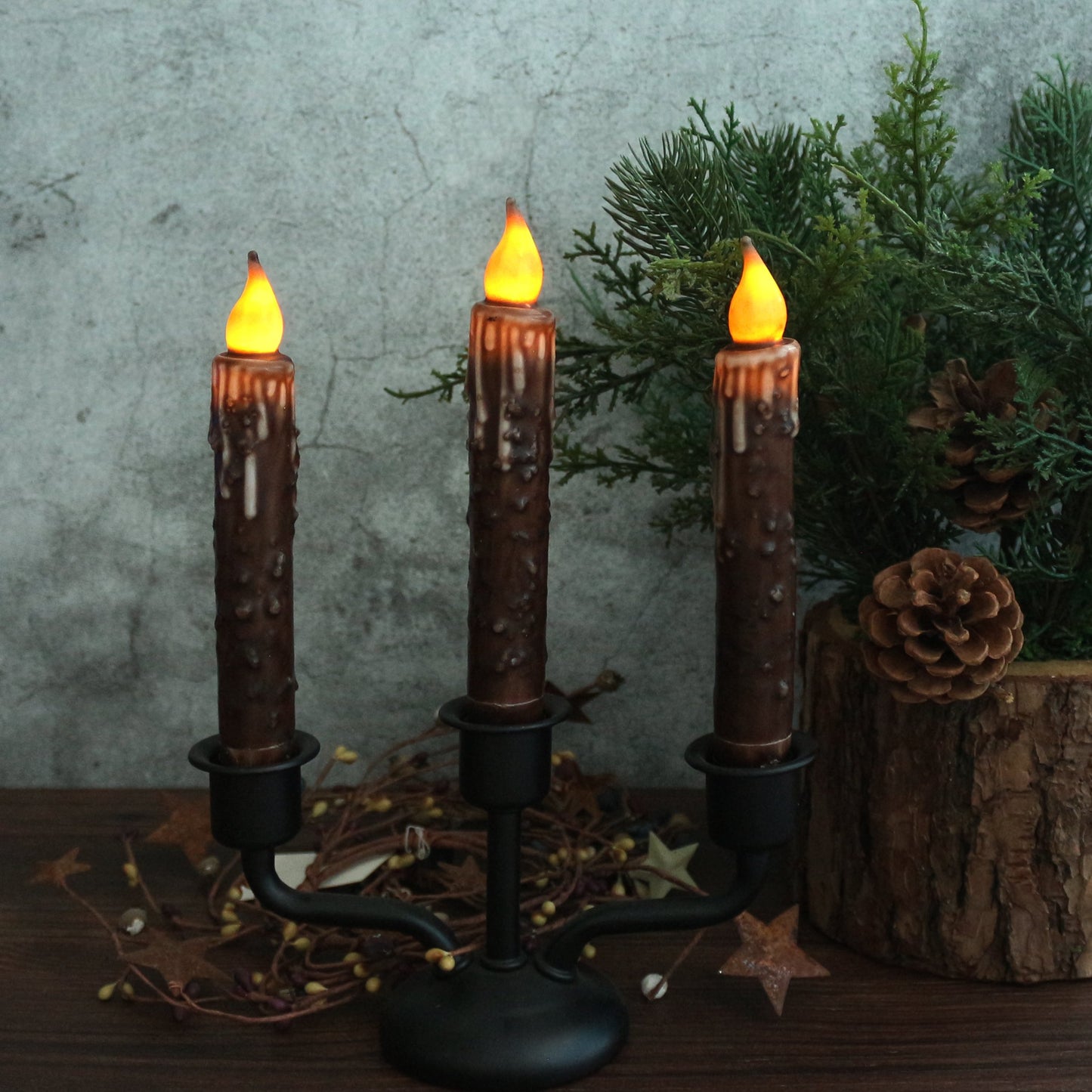 CVHOMEDECO. Real Wax Hand Dipped Battery Operated LED Timer Taper Candles Country Primitive Flameless Lights Décor, 6-3/4 Inch, Brown, 2 PCS in a Package