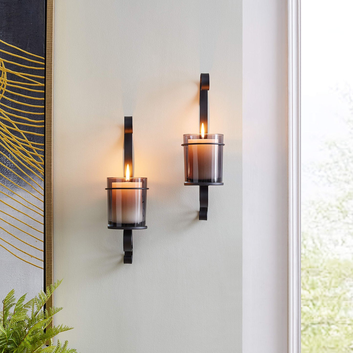 Danya B. 14.5" Vintage Black Wall Sconce Candle Holder Set of 2 with Smoke Glass Hurricanes and Iron Metal Frames, Rustic Style, for Standard Pillar or Flame-Less LED Candles