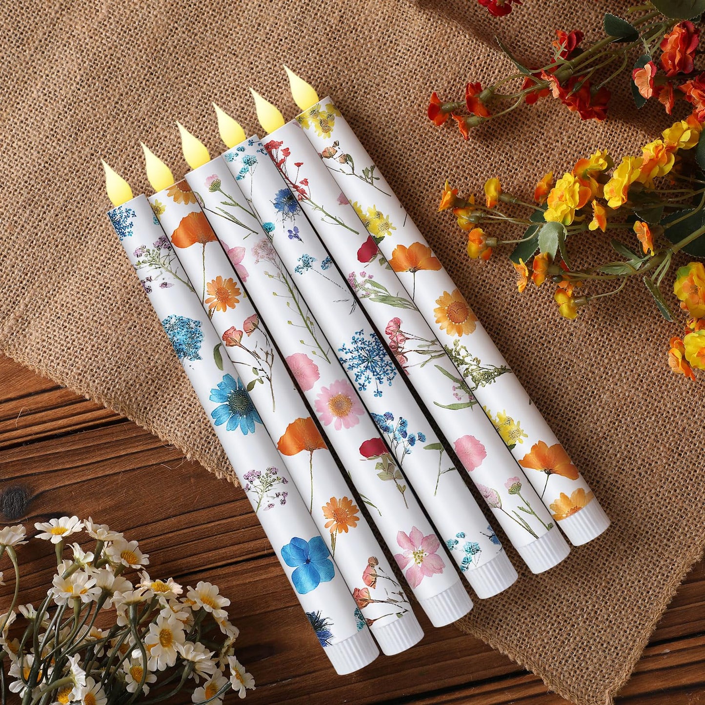 Nuanchu 6 Pcs Flower Flameless Candles 10. 6 '' LED Pressed Floral Pastel Taper Candle Battery Operated Flameless Taper Candlestick Dried Flower Candlestick for Home Wedding Summer Garden Party Decor