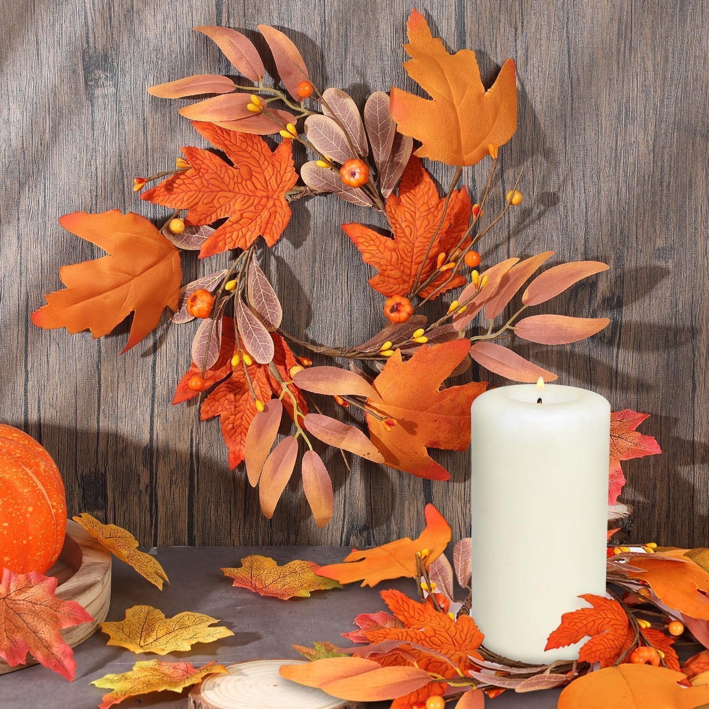 6 Pcs Mini Fall Wreaths Thanksgiving Table Centerpieces Fall Candle Rings 9 Inch Maple Leaf Wreaths for Cabinets Farmhouse Autumn Wreath for Front Door Porch Wall Window Decorations