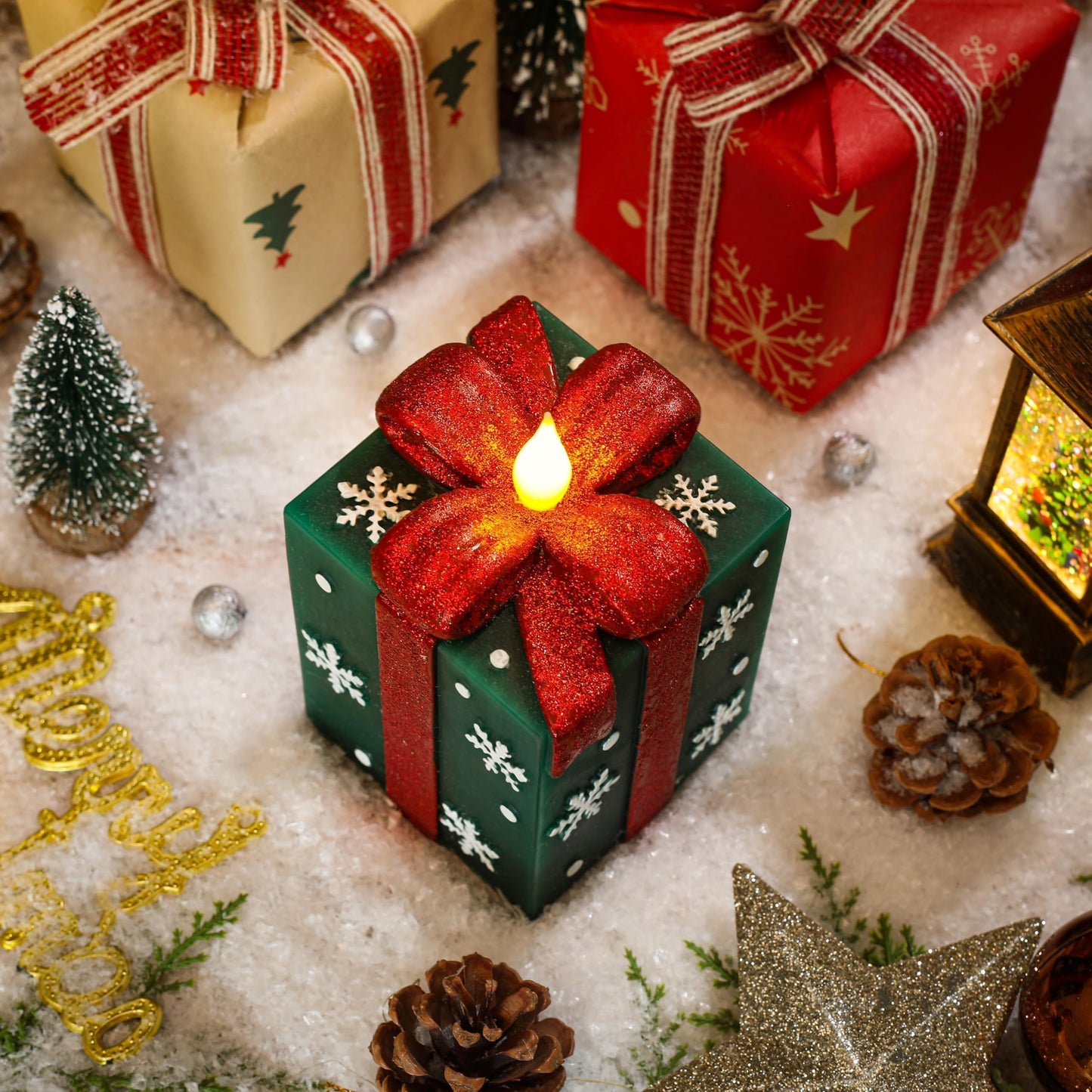LCZLUMIPRO Elegant Gift Box Flameless Candle with Remote Timer - Green Hand-Painted Real Wax LED Candle, Battery Operated for Christmas, Home, Party Decor
