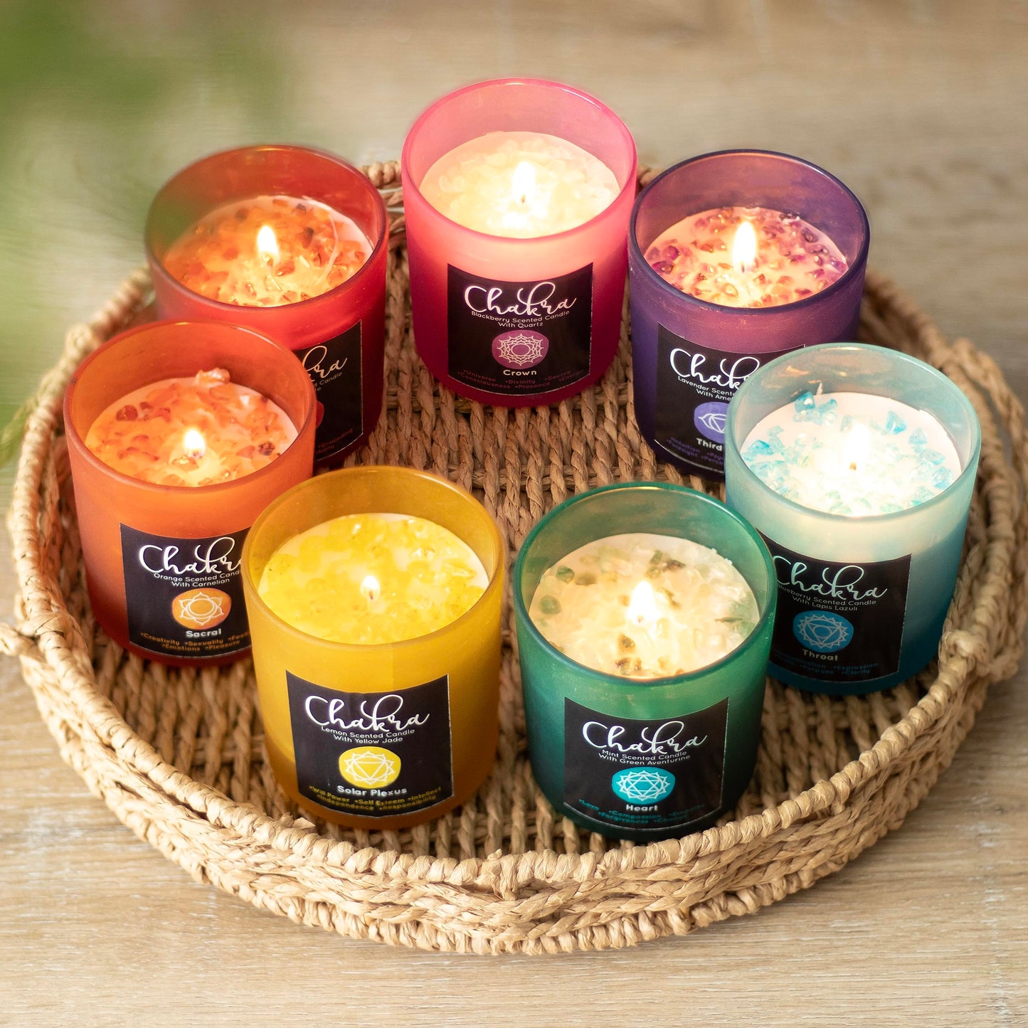 Sacral Chakra Candle: Orange Fragranced with Carnelian Crystal Chips, Reusable Glass Holder, Metallic Lid - 25-Hour Burn Time, Paraffin Wax - Spiritual Purpose, Seven Chakras Healing