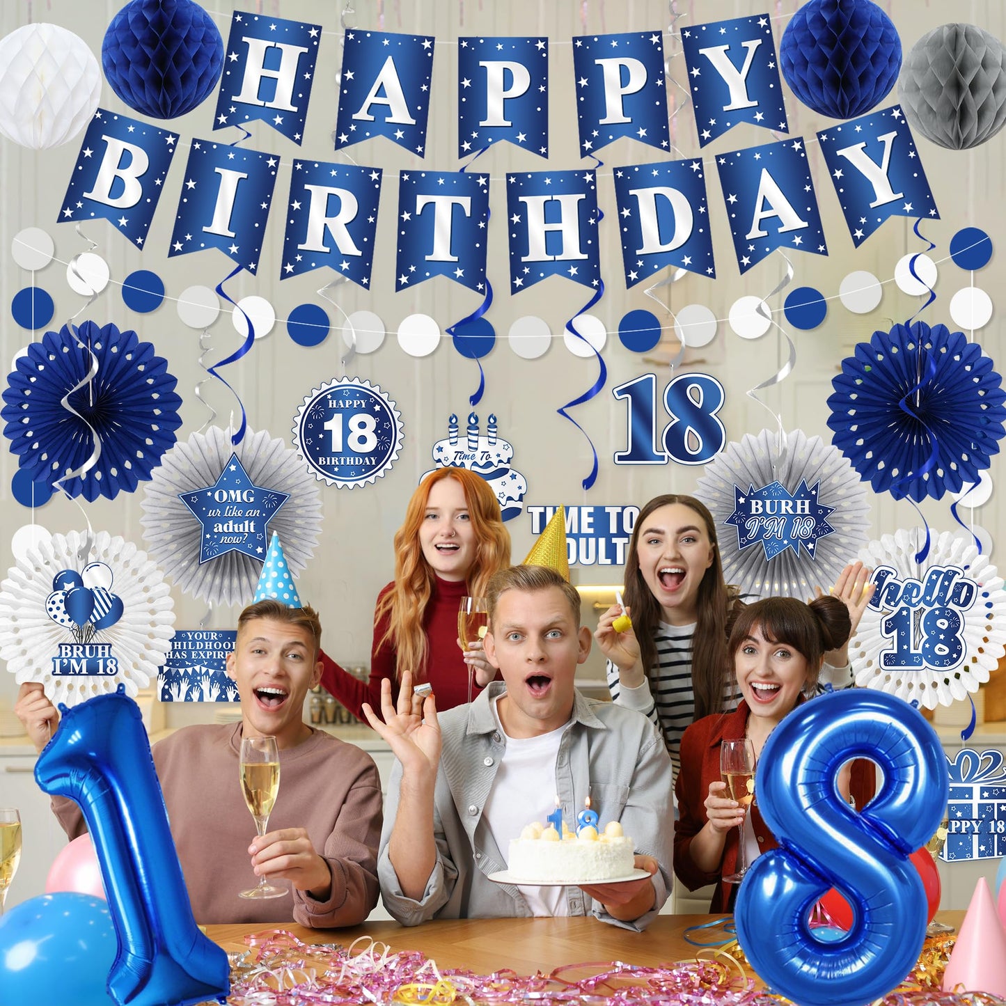 Vlipoeasn 18th Birthday Decorations Set for Boys, Blue Silver 18 Year Old Birthday Banner, Paper Fans,Bruh I'm 18 Party Supplies