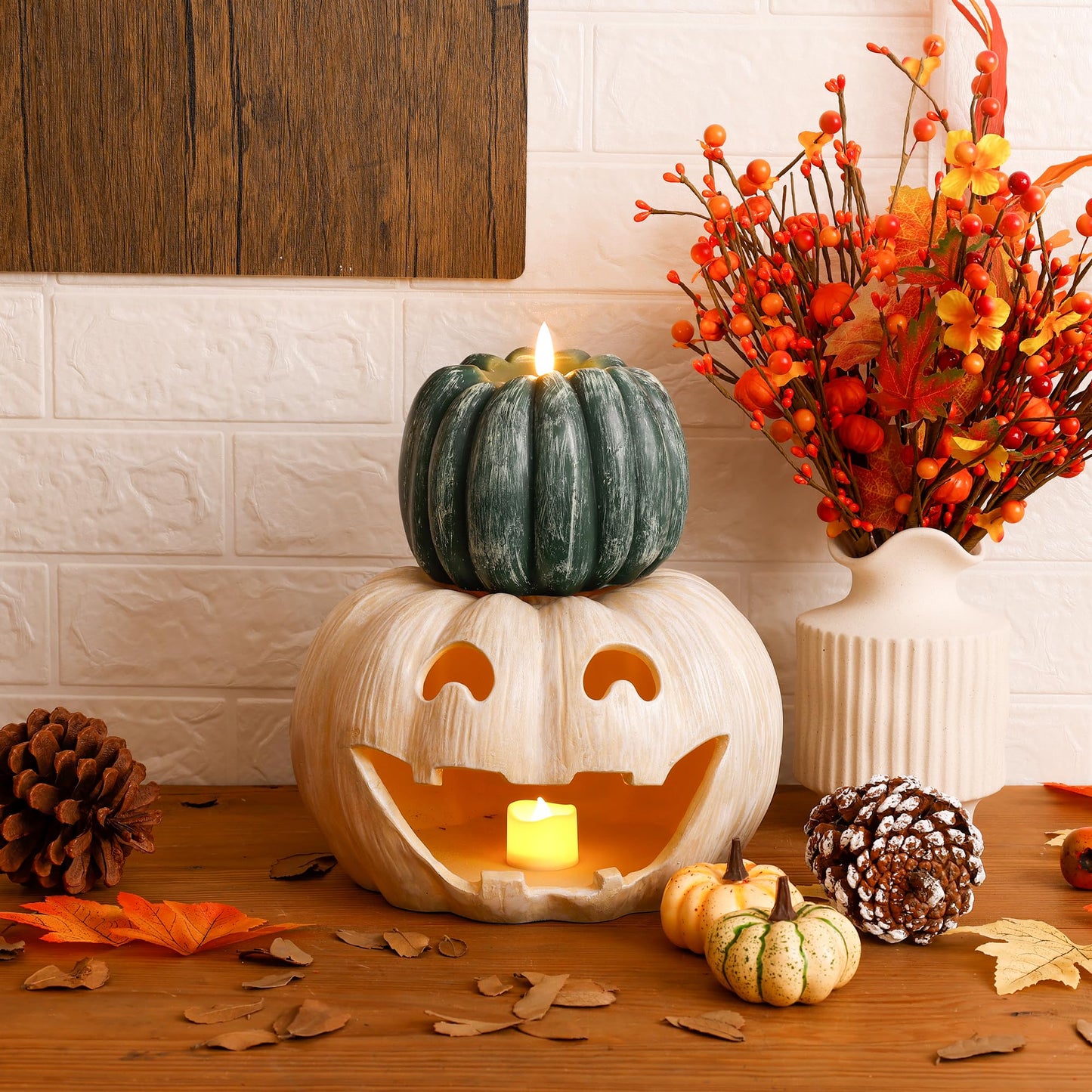 JOIONE Fall Flameless Led Pumpkin Candles with Remote, Real Wax Pumpkin Shaped Battery Operated Flickering Candles with Timer for Thanksgiving Decor, Fall Harvest Decor, Halloween Decorations, Green