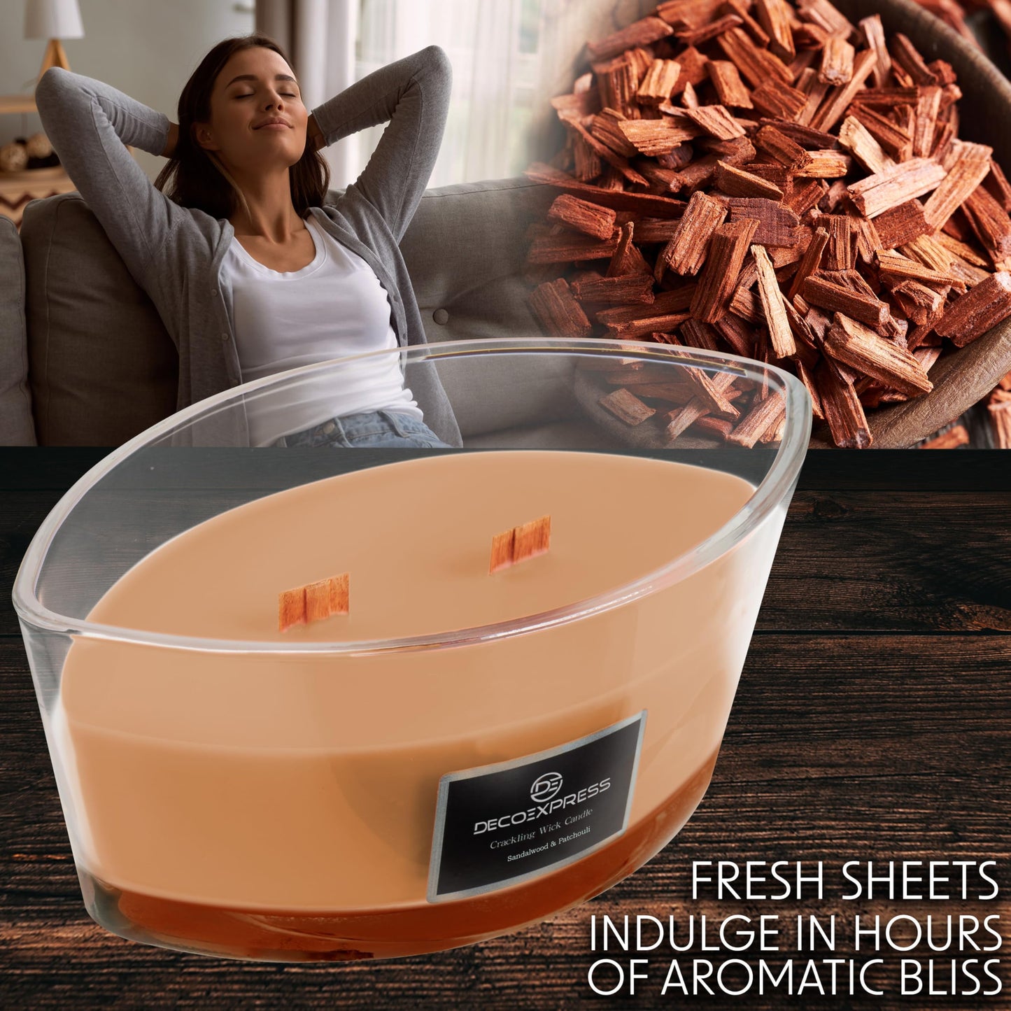 DECO EXPRESS Scented Candles, Crackle Double Wick Candles, Long 50 Hours Burn Time, Home Decor & Gift Ideas (Sandalwood/Patchouli)