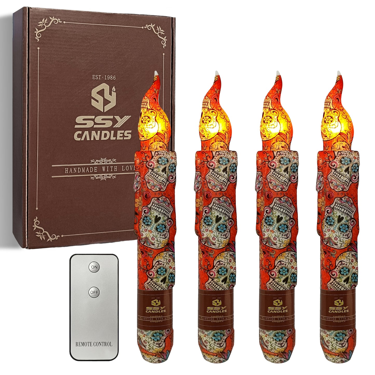 FCMSHAMD Day of The Dead Style Skull Flameless Short Taper Candles, Drip LED Battery Operated with Remote, Flickering Flame Lights for Home Décor, 6.7 Inch Primitive Flameless Print Candles, 4PCS
