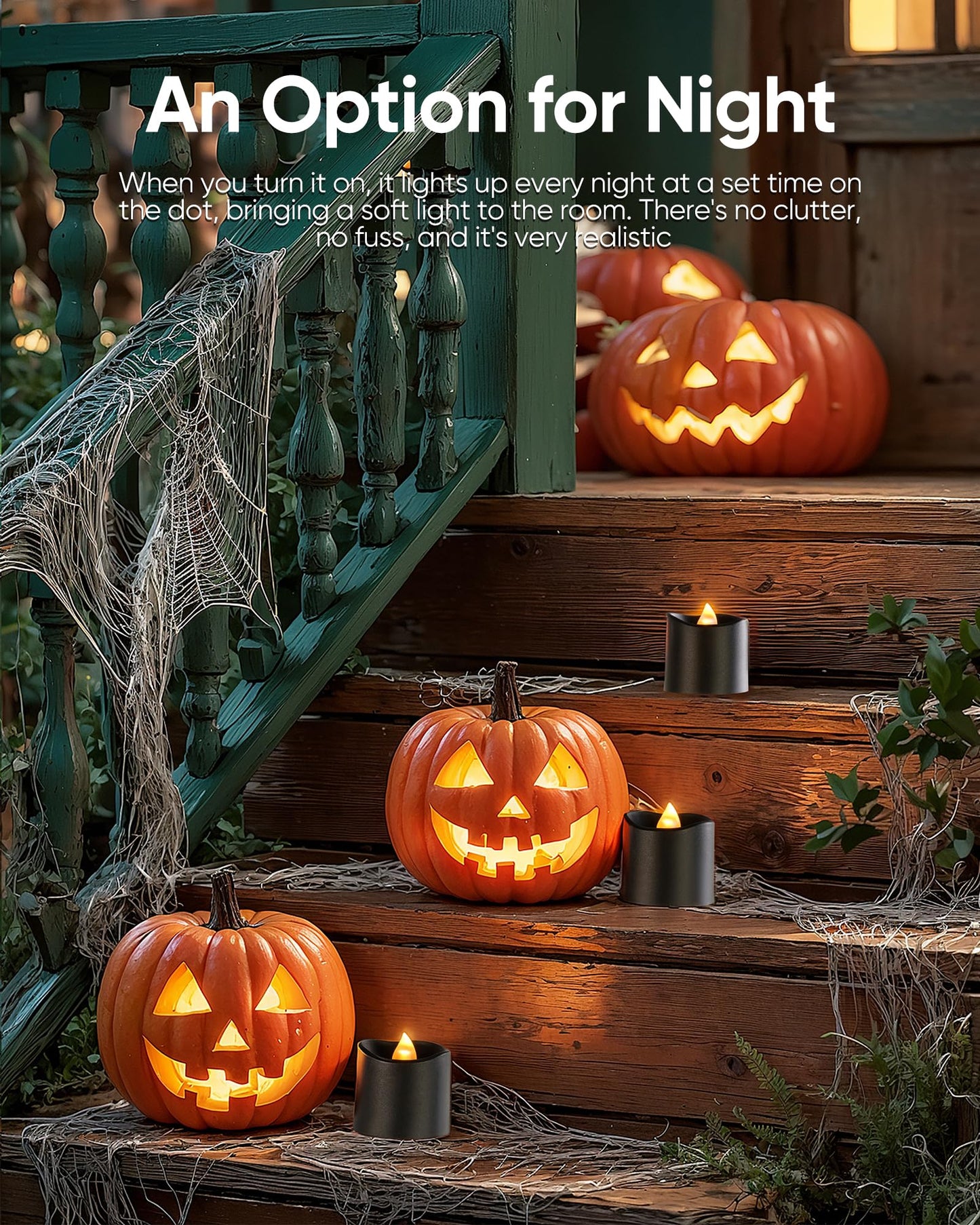 Homemory 12Pack 400+Hour Remote Control Flameless Candles, 2/4/6/8H Timer Led Votive Candles, Battery Operated Tea Lights for Wedding Table Centerpiece, Holidays, Halloween Pumpkins-Black Base
