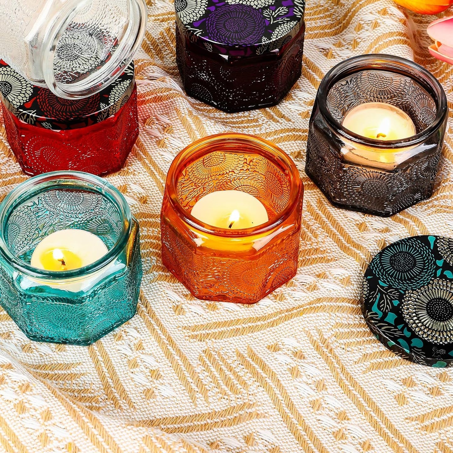 Set of 6 Glass Tea Light Candle Holders with Lid Colored Tea Lights Candles Holders Table Centerpieces for Wedding Party, Glass Votive Candle Holders Wedding Centerpieces