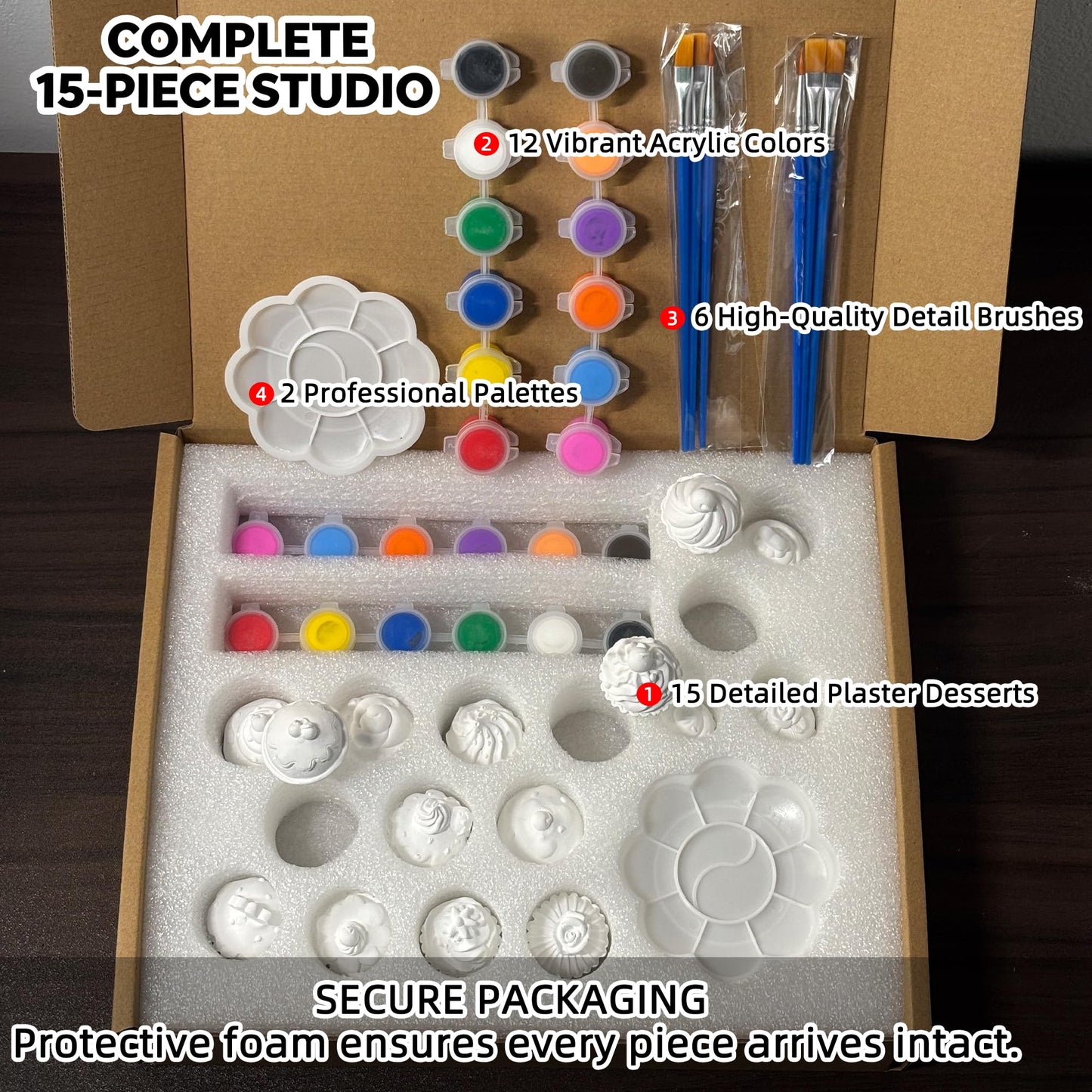 15 Pcs Plaster Painting Kit for Adults & Teens - DIY Miniature Cake & Dessert Figurines - Ceramic-Like Fake Food Props for Home Aesthetic Decor, Crafting & Bakery Display