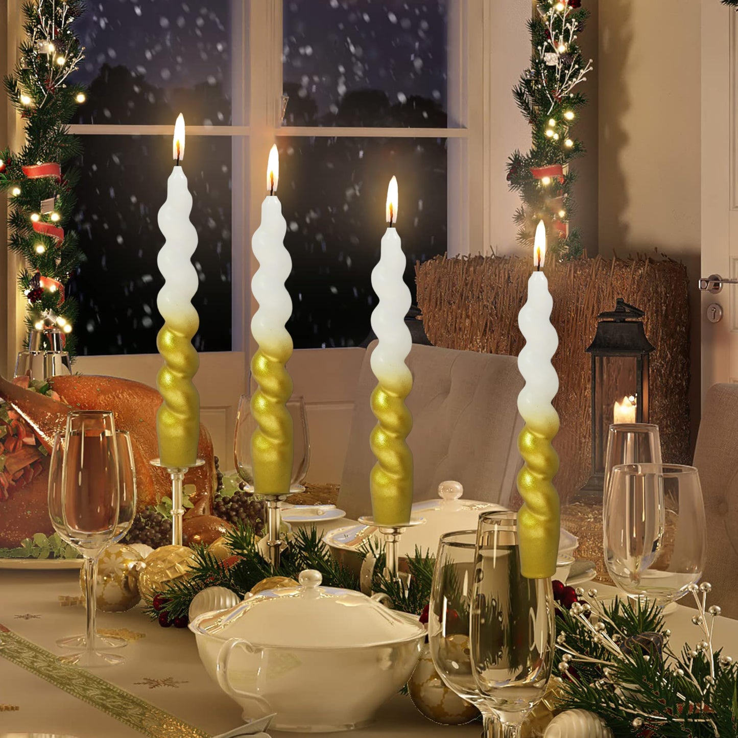 Christmas Spiral Candles Gold Taper Candles -7.5 in Unscented Candlestick for Winter Gift Holiday Christmas Home Decoration Candles, 4 Pack