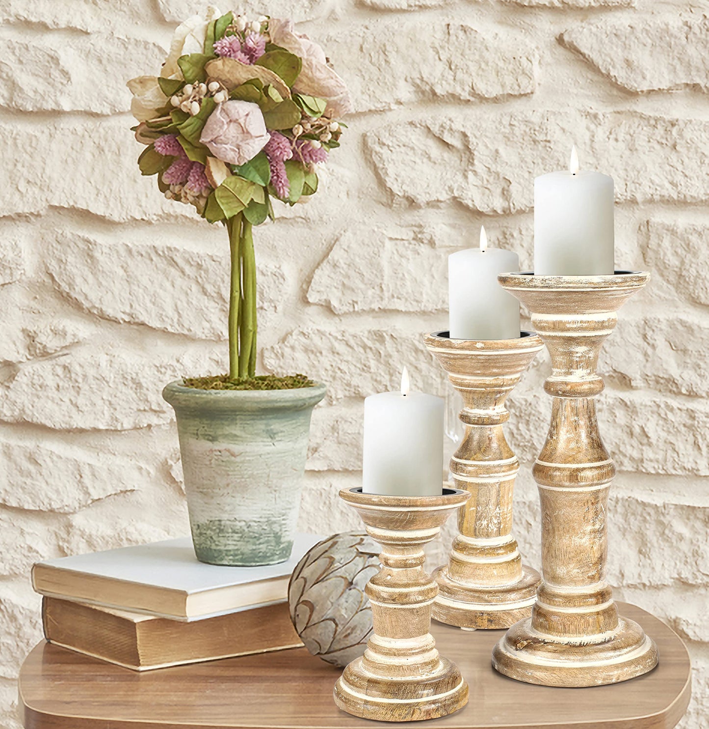 Candle Holder Stand Wooden, Pillar Candle Holders, Unity Candle Holders, Rounded Turned Colums, Country Style Ideal for Gift, Wedding, Christmas, Party, Home,Spa - 10,8,6 Inch- Set of 3, White Wash