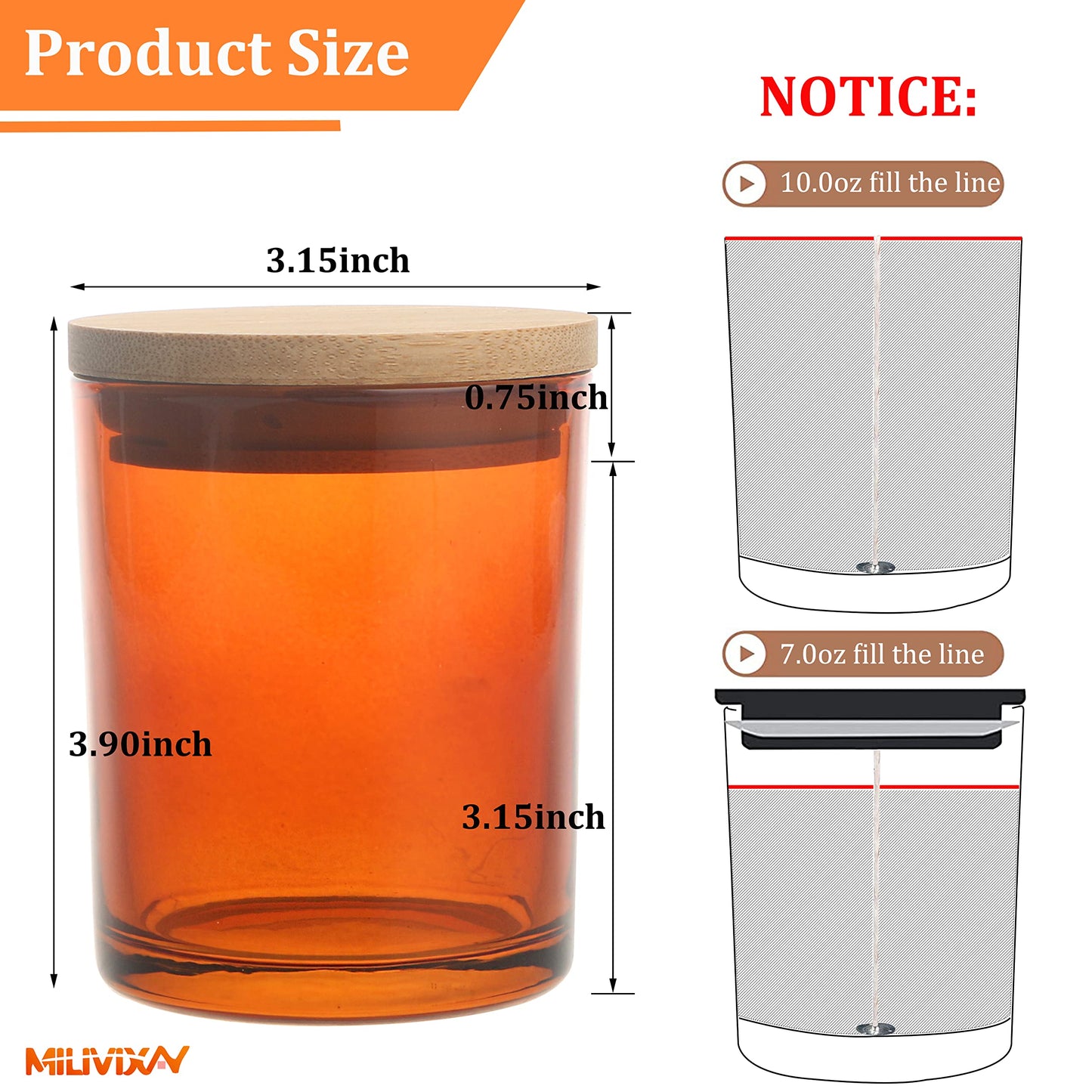 MILIVIXAY 12 Pack 10 OZ Amber Thick Glass Candle Jars with Lids - Bulk Empty Candle Jar for Making Candles - Spice, Powder Containers.