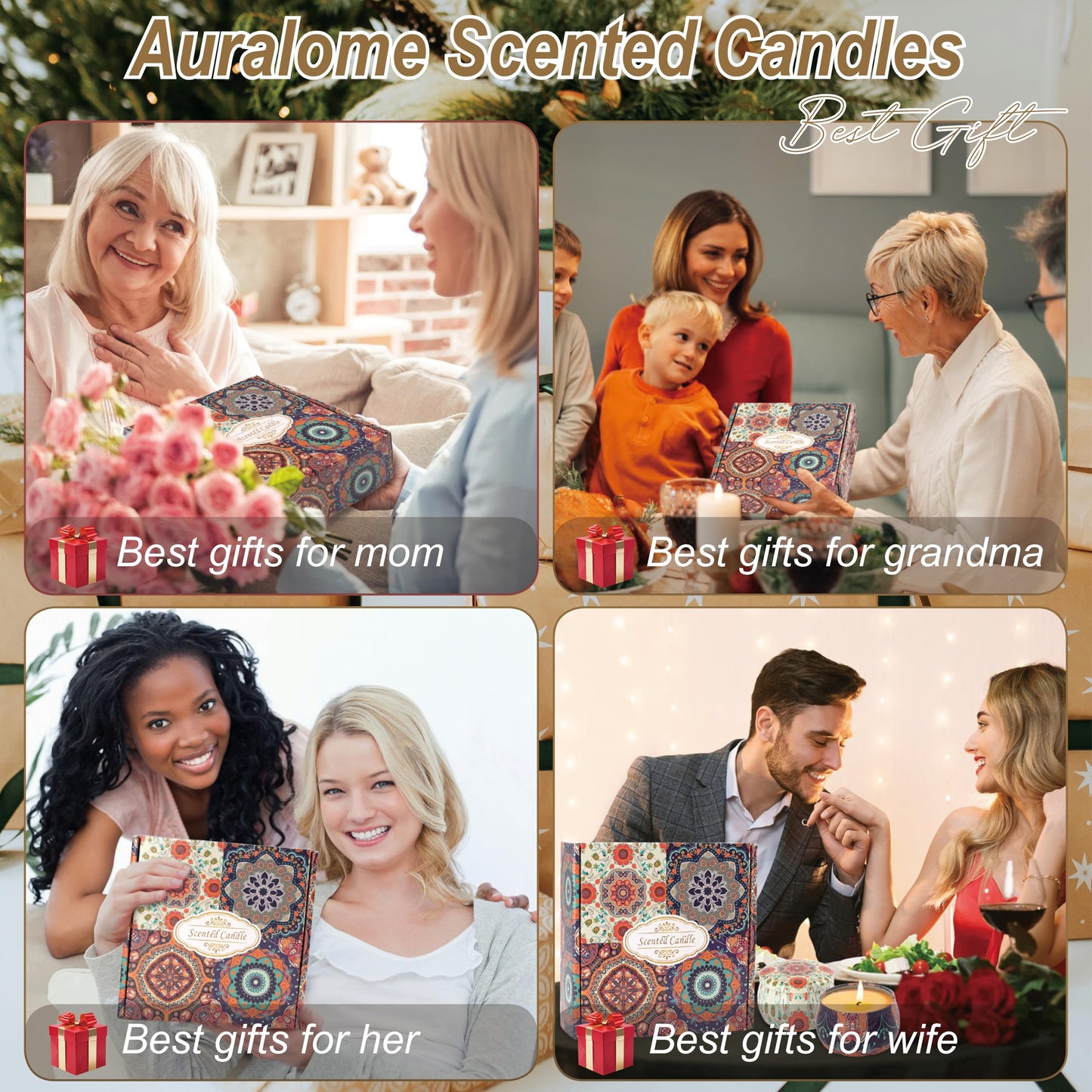 Auralome Scented Candles Gift Set - Women Candle Natural Soy Wax Aromatherapy Candle Stress Relief Small Gifts 120H Burning Candles 4 Pack 4.4 Oz for Home Christmas Birthday Mum Teacher Mothers Day