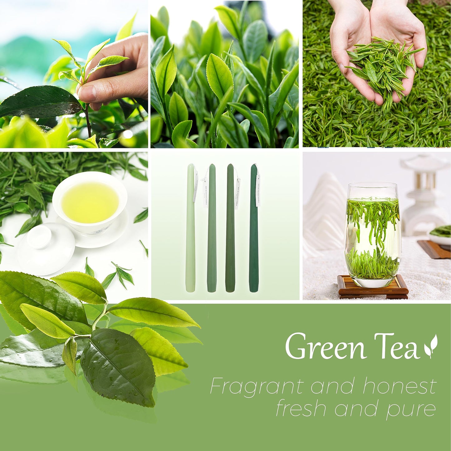 Green Tea Scented Taper Candle 10 Inch Long Gradient Green Handmade Clean Burning 4 Pack Smokeless Tapered Candle for Christmas Wedding Forest Theme Rustic Office Spa Relaxation Home Decor
