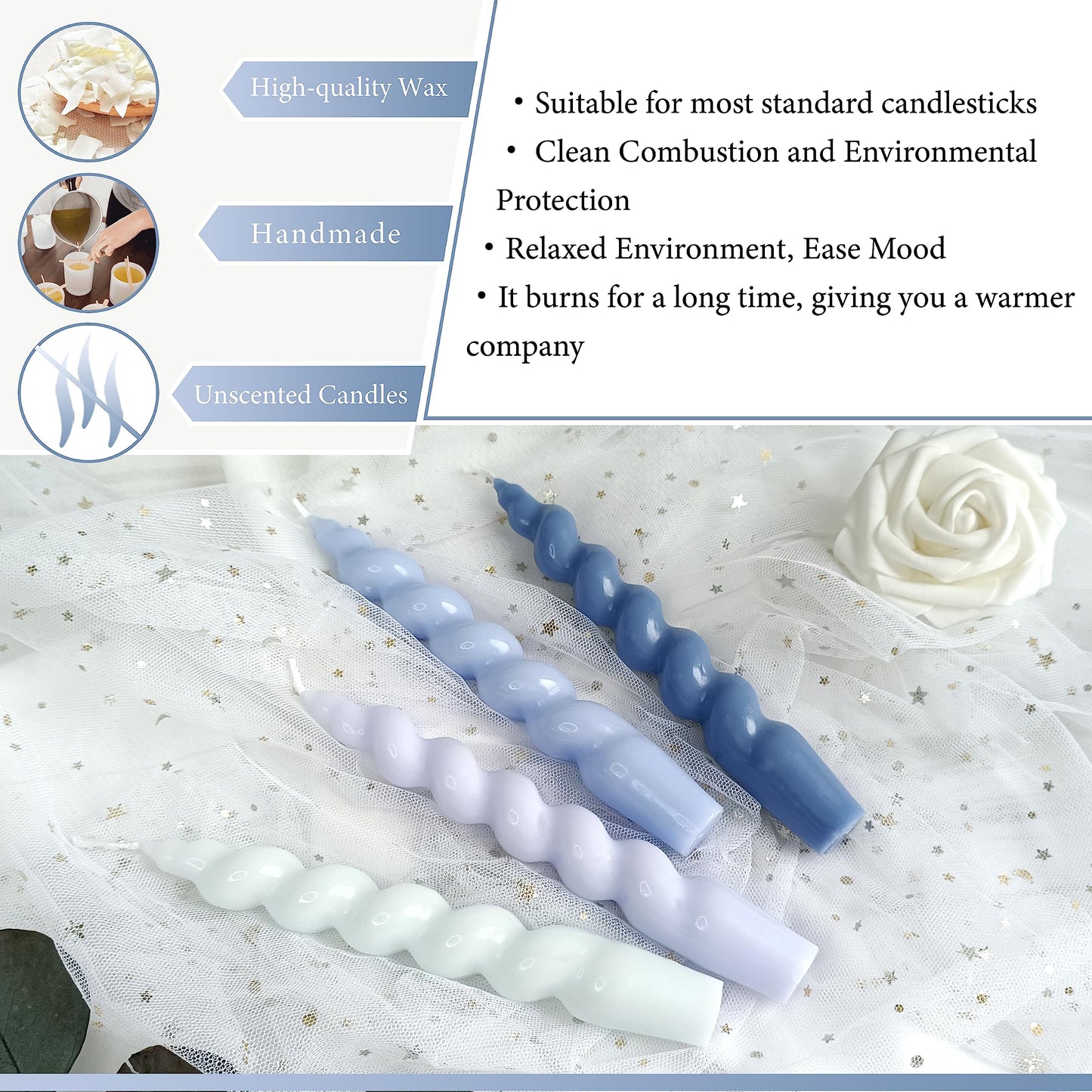 7.5 Inch Twisted Taper Candle 4 PCS Unscented Spiral Candle Smokeless Gradient Blue Candlesticks for Home Dinner Wedding Party Decoration