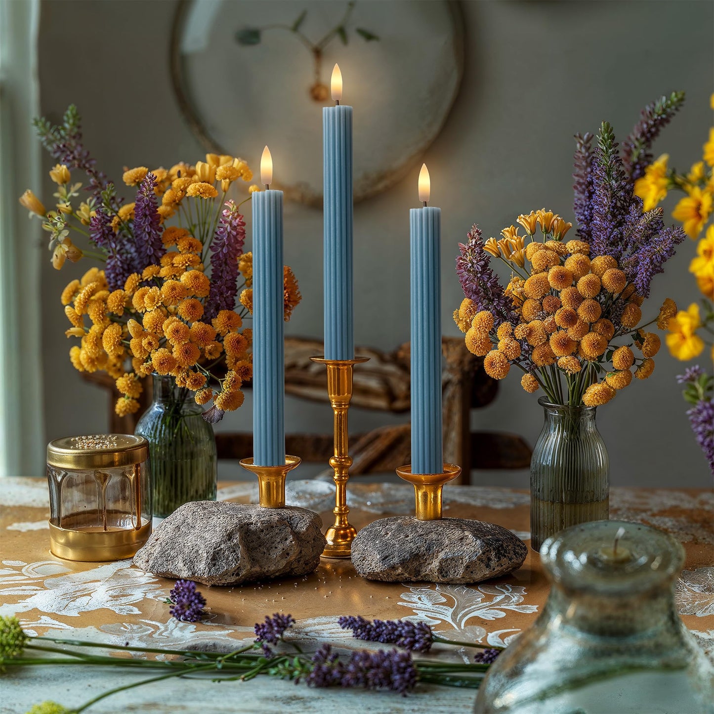 West Ivory 6 Pack, 10" LED Flameless Blue Fluted Ribbed Grooved Taper Candles, Remote & 24h Timer Memory, On/Off Button, Dimmable, Flicker Mode, Battery Operated, Christmas Menorah Wedding