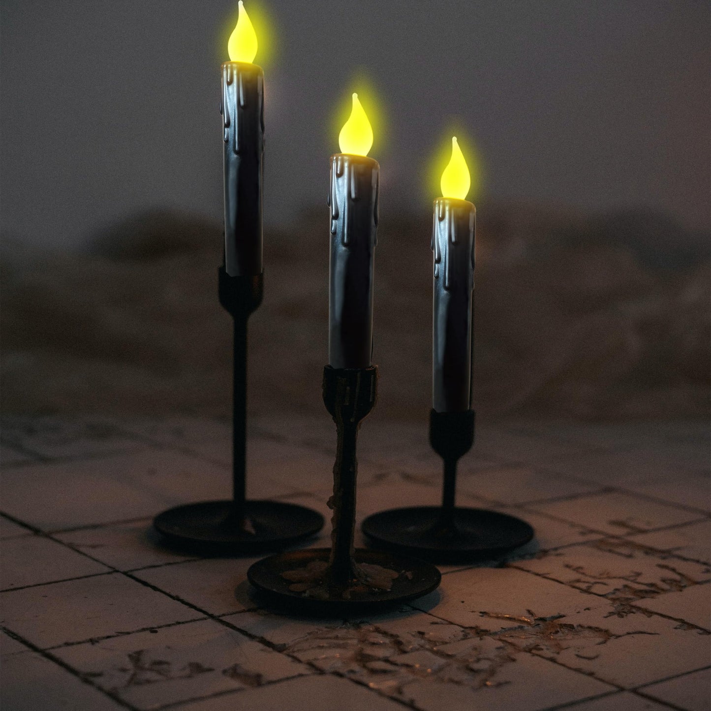 LINCOUNTRY Black Flameless Taper Candles with Timer, Real Wax Set of 2 Battery Operated LED Flickering Candlesticks, 6.75" Halloween Christmas Wedding Fireplace Decor