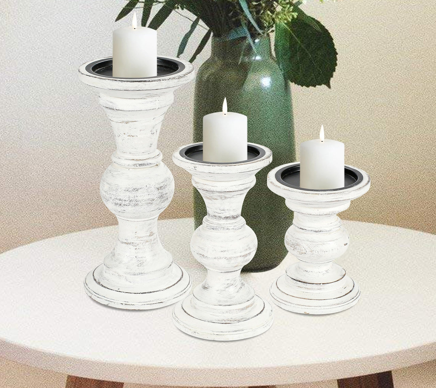 Candle Stands Wooden for Pillar Candles,Rounded Turned Colums, Sustainable Woods, Country Style, Ideal for Reiki, Aromatherapy, Votive Candle Gardens Home décor - 10,8,6 Inch Set of 3 - Antique White