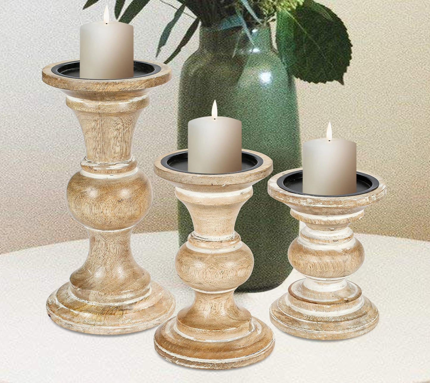Candle Stands Wooden for Pillar Candles,Rounded Turned Colums, Sustainable Woods, Country Style, Ideal for Reiki, Aromatherapy, Votive Candle Gardens Home décor - 10,8,6 Inch Set of 3 - White Wash