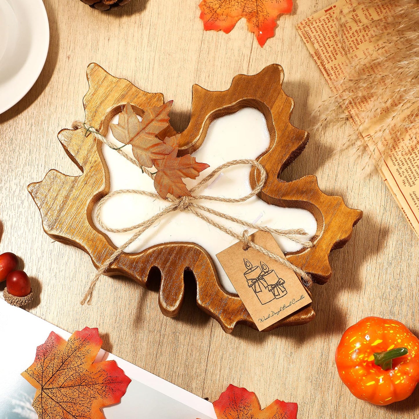 MTLEE 2 Pack Fall Wood Dough Bowl Candle, 8" Rustic Wooden Scented Candles, Farmhouse Autumn Decor for Thanksgiving Table, Home, Cozy Fall Gifts for Friend, Family(Wreath Scent,Maple Leaf)