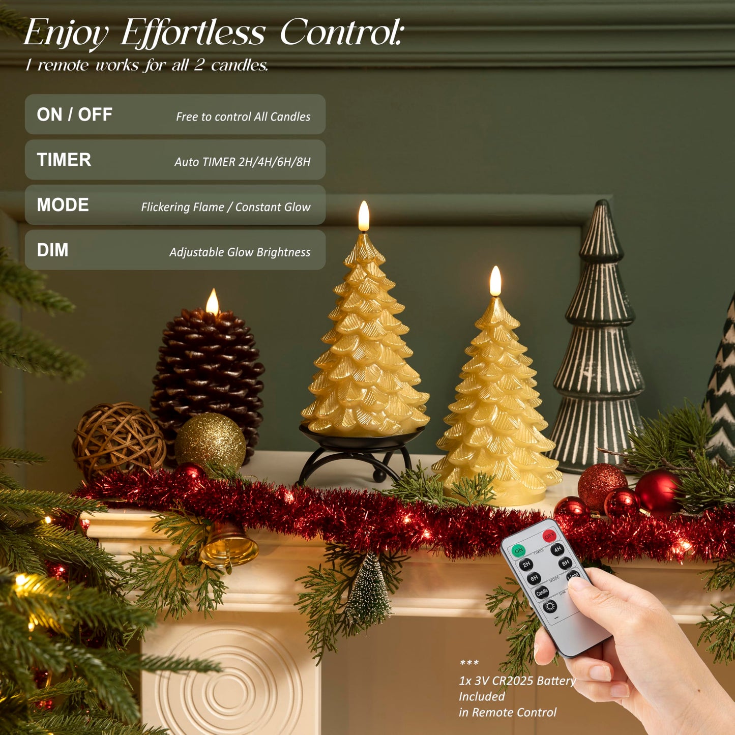 LUSHARBOR Flameless Candles with Remote Timer, 2 Pack Christmas Tree Candles Battery Operated LED Candles Real Wax Holiday Christmas Decoration for Bedroom Party Festival Gift Gold
