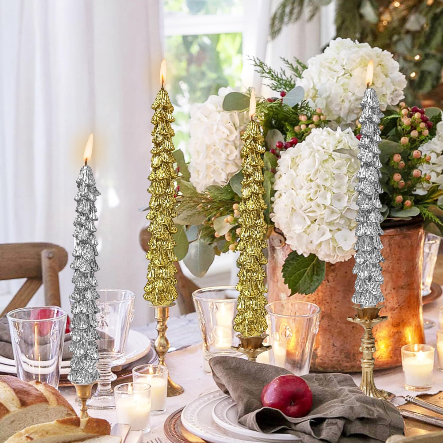 Christmas Tree Shaped Taper Candles, 9.8 Inch Unscented Tree Candle Decorative Christmas Tree Candles Gift for Christmas Festival Celebration Decor, 2PCS, Gold