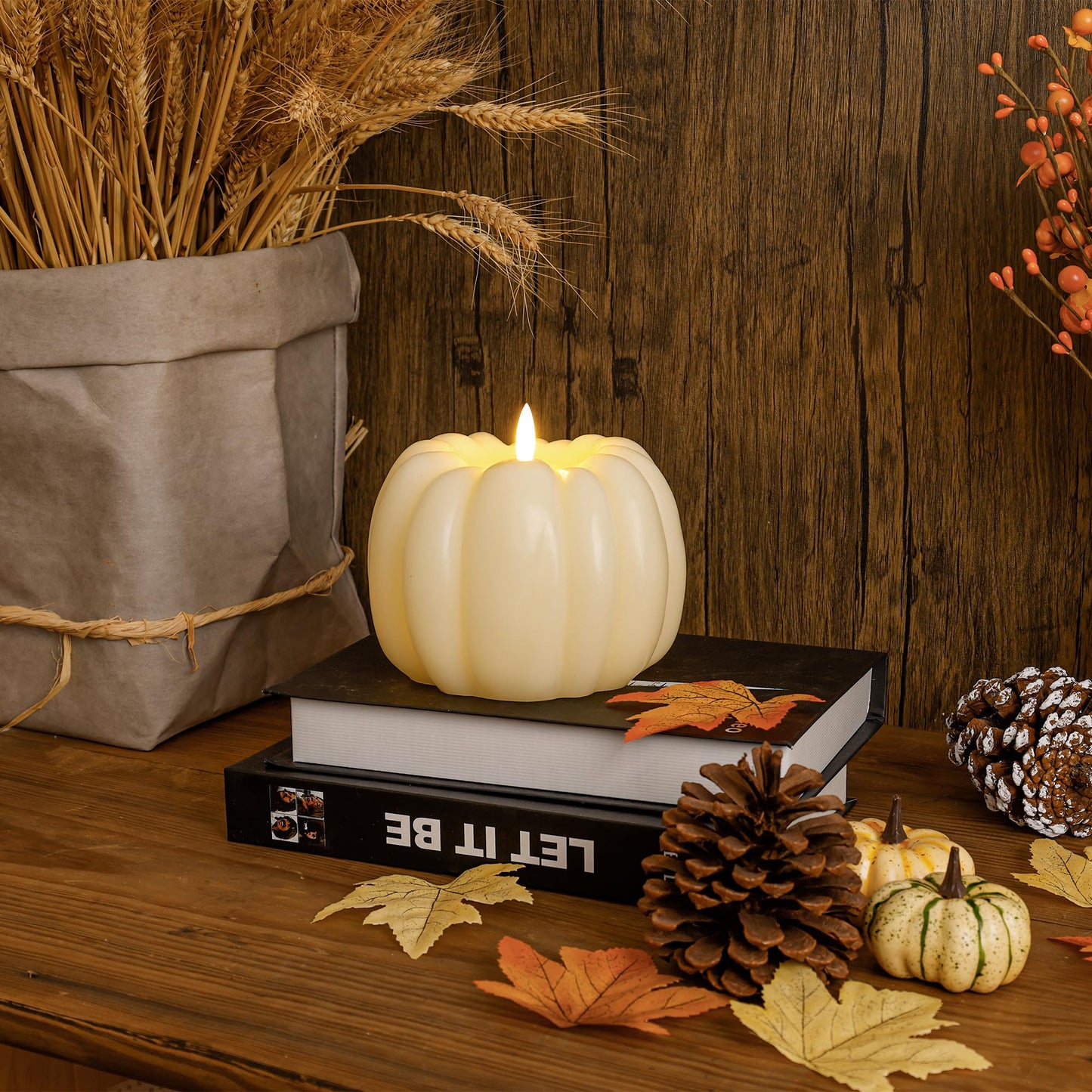 JOIONE Fall Flameless Led Pumpkin Candles with Remote, Real Wax Pumpkin Shaped Battery Operated Flickering Candles with Timer for Thanksgiving Decor, Fall Harvest Decor, Halloween Decorations, Ivory