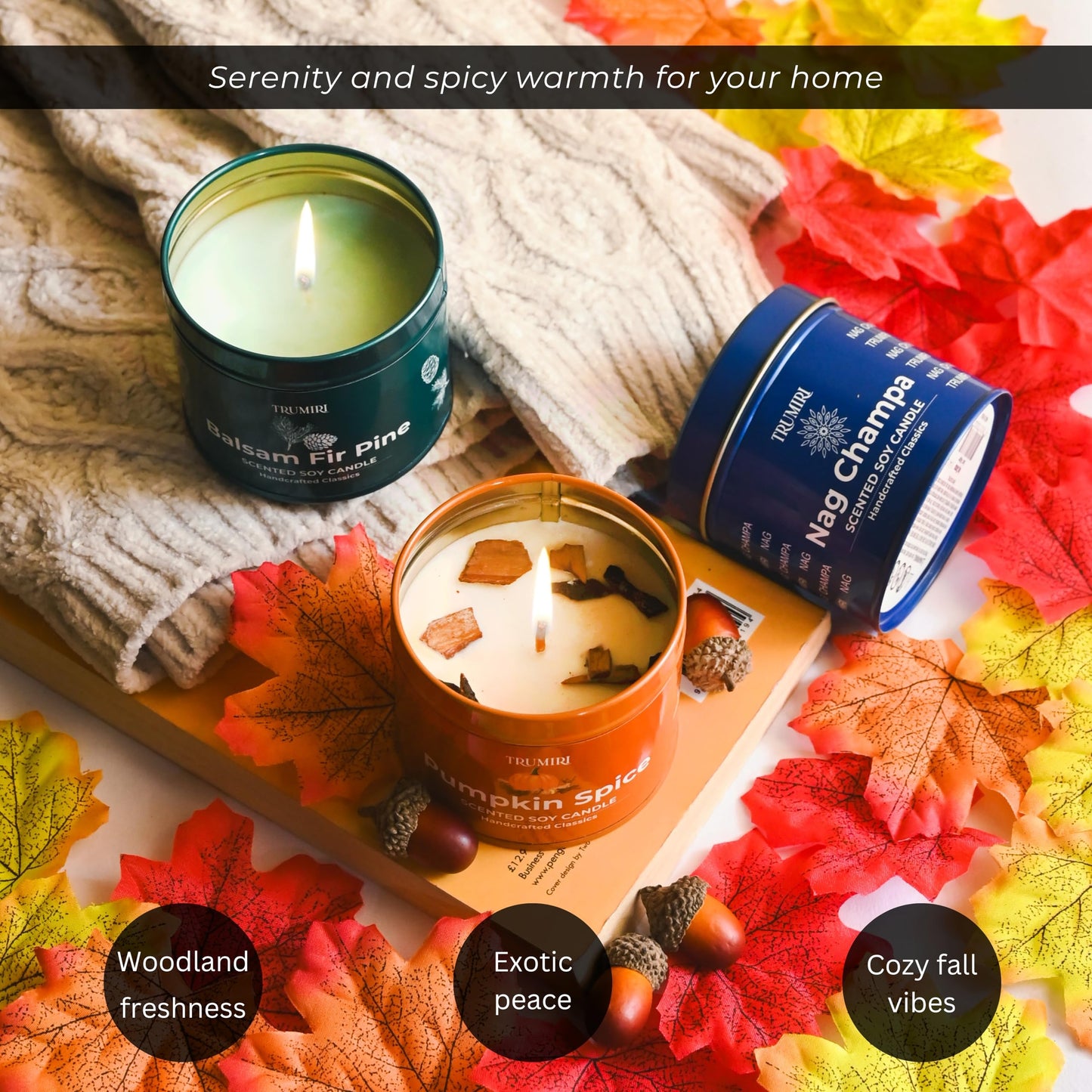 Balsam Fir Pine, Pumpkin Spice, Nag Champa - Soy Candles Non Toxic - Highly Scented Long Lasting with Essential Oils - Variety Pack of 3 x 5oz - for Home Aromatherapy Meditation Gift Travel