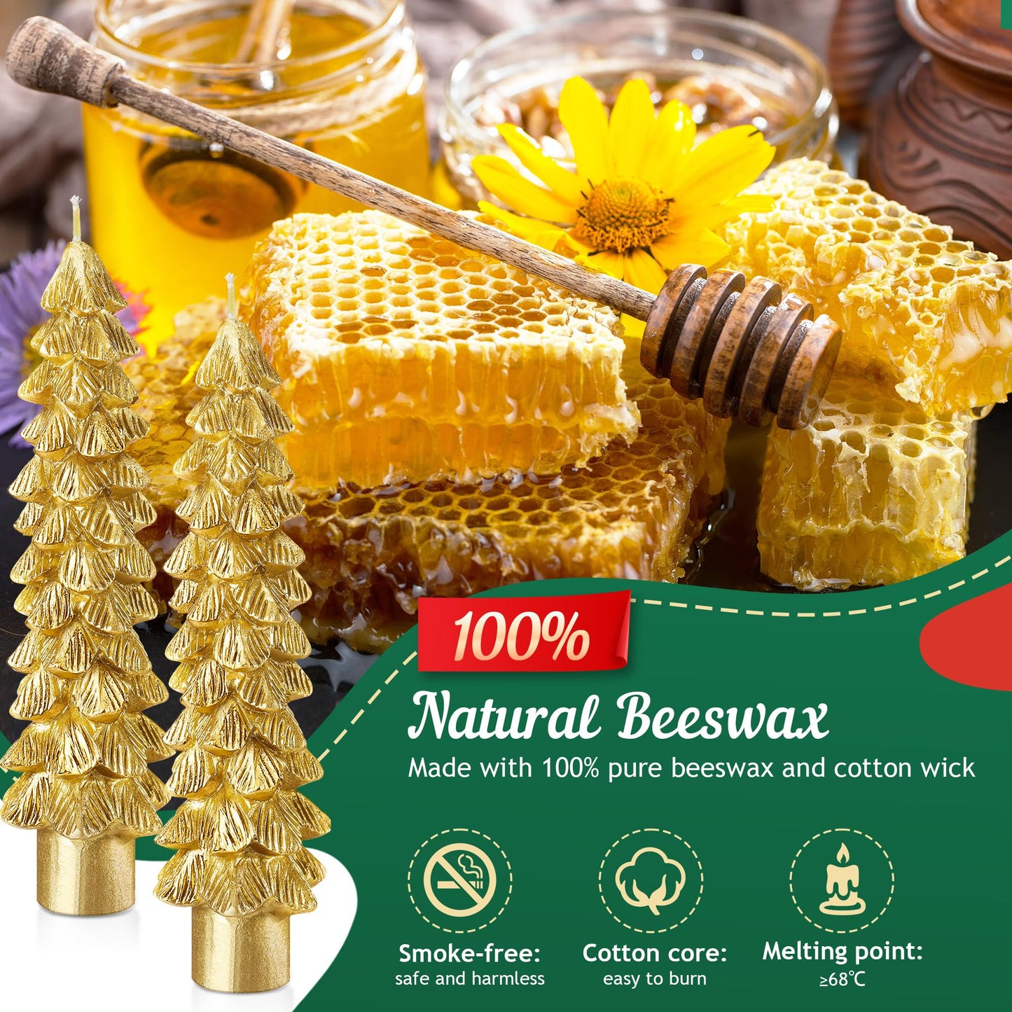 Ceoighe 2 Pack Christmas Tree Candles, 5 Inch Unscented Tree Shaped Taper Beeswax Candles for Christmas Holiday Decor Table Centerpiece Display Party Banquet Gift (Gold)