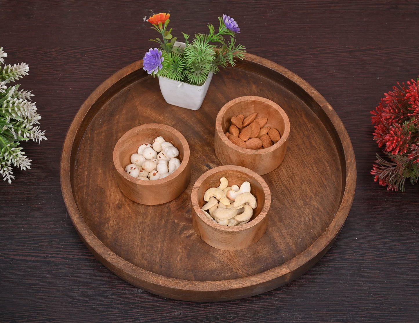 EDHAS Round Wooden Decorative Candle Holder Tray for Coffee Table Centerpieces Modern Farmhouse Home Decorations (12" x 12" x 1")