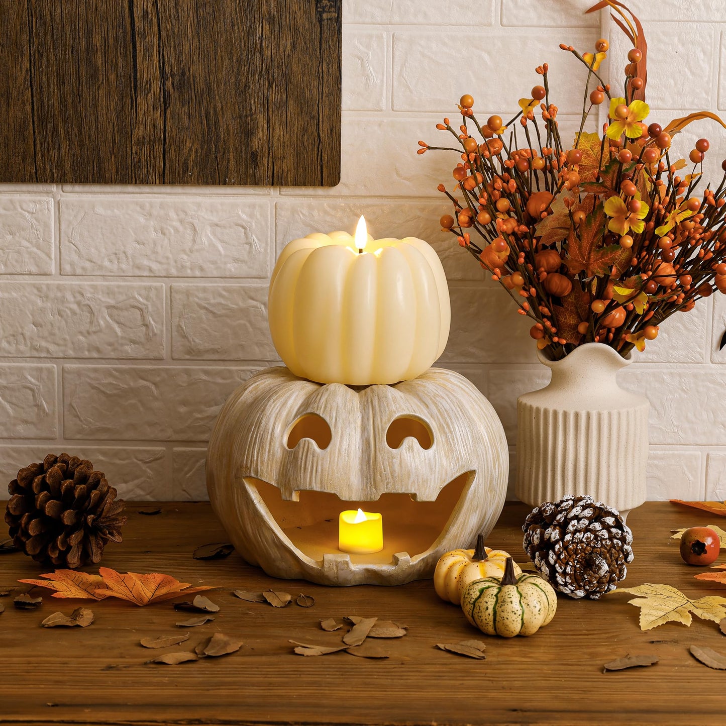 JOIONE Fall Flameless Led Pumpkin Candles with Remote, Real Wax Pumpkin Shaped Battery Operated Flickering Candles with Timer for Thanksgiving Decor, Fall Harvest Decor, Halloween Decorations, Ivory